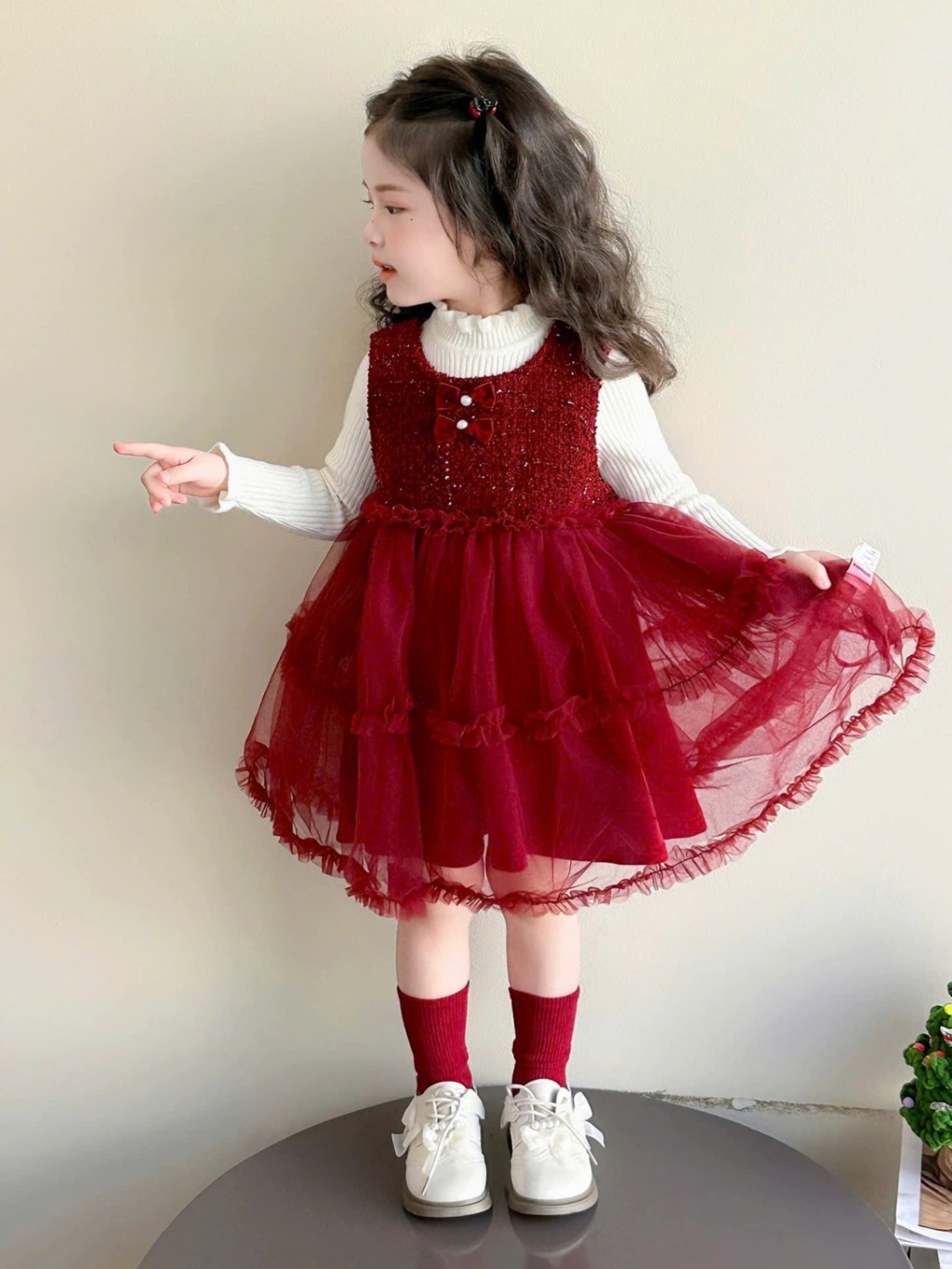 Sét váy dạ phối voan đỏ kèm áo bé gái