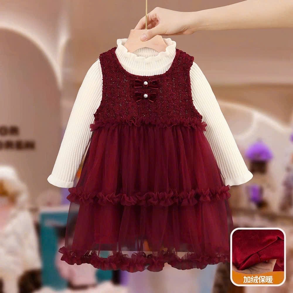 Sét váy dạ phối voan đỏ kèm áo bé gái