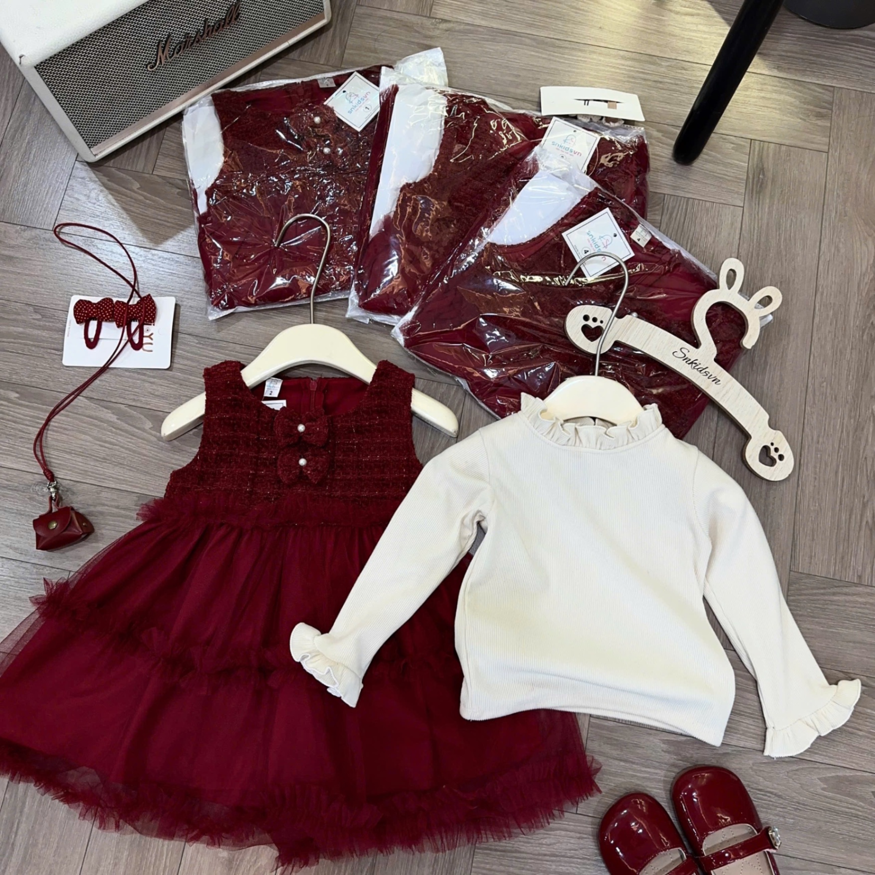 Sét váy dạ phối voan đỏ kèm áo bé gái