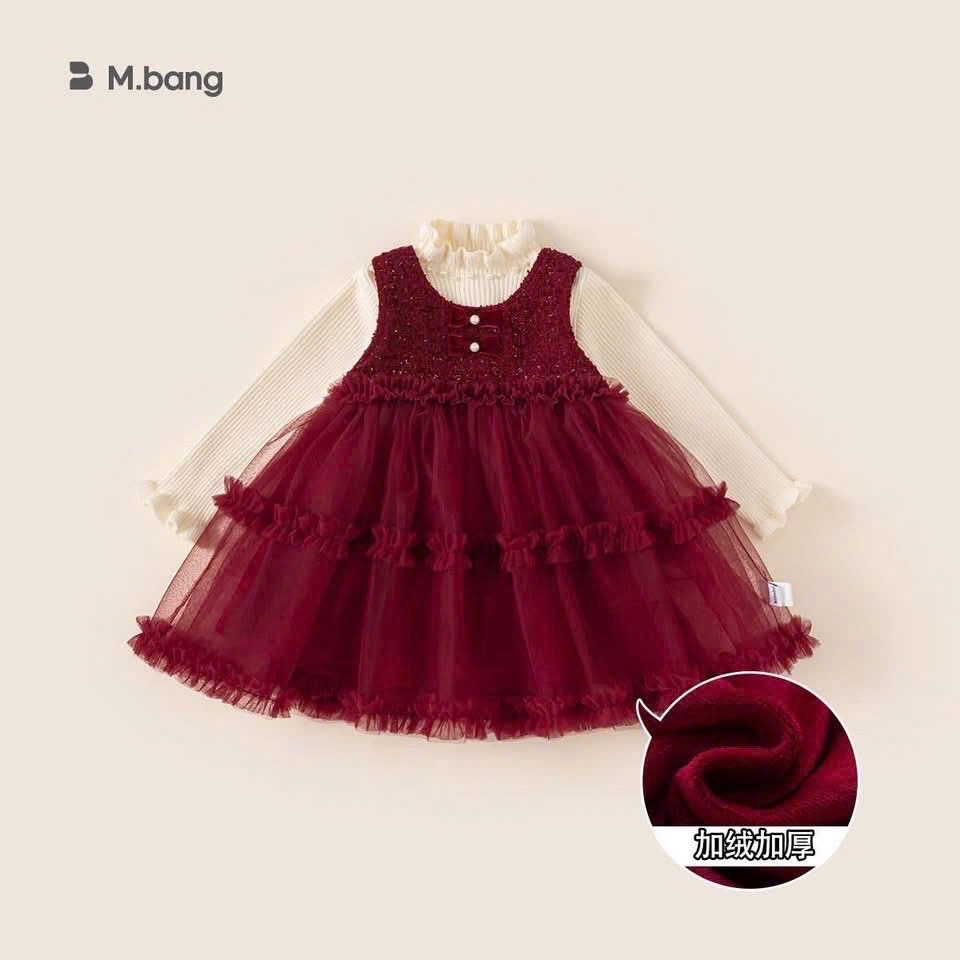 Sét váy dạ phối voan đỏ kèm áo bé gái