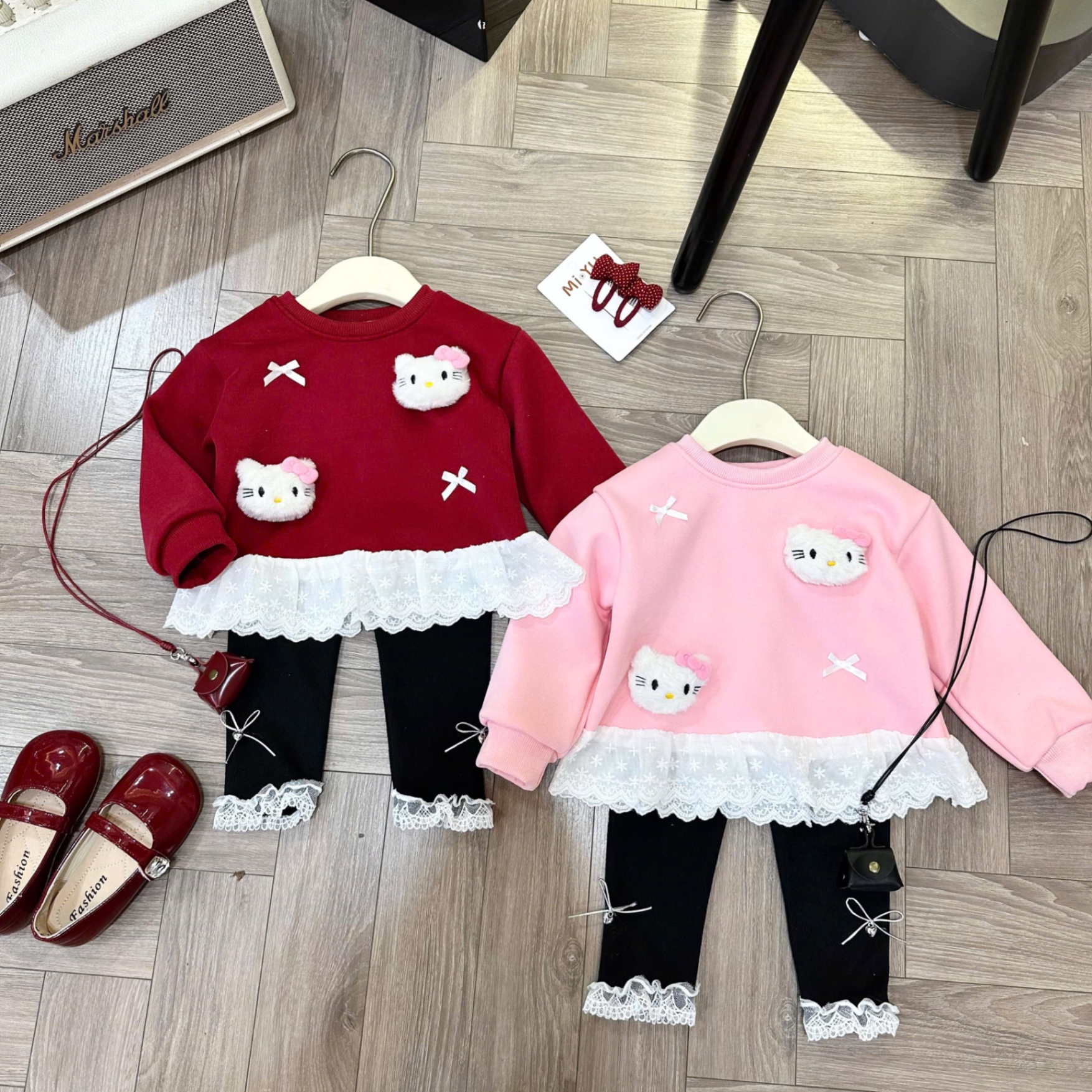 Sét bộ áo nỉ lót nhung mịn quần legging bé gái