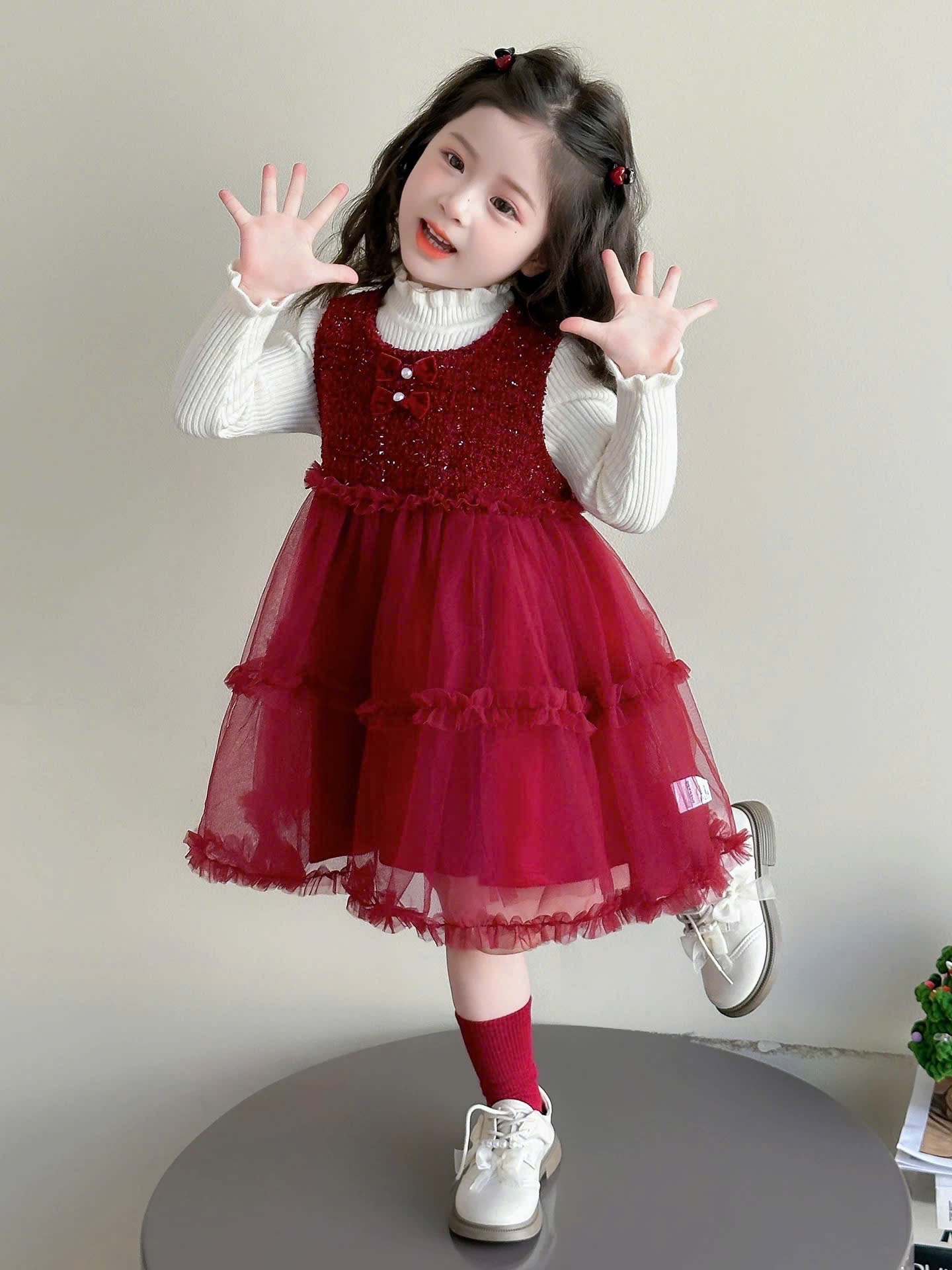 Sét váy dạ phối voan đỏ kèm áo bé gái