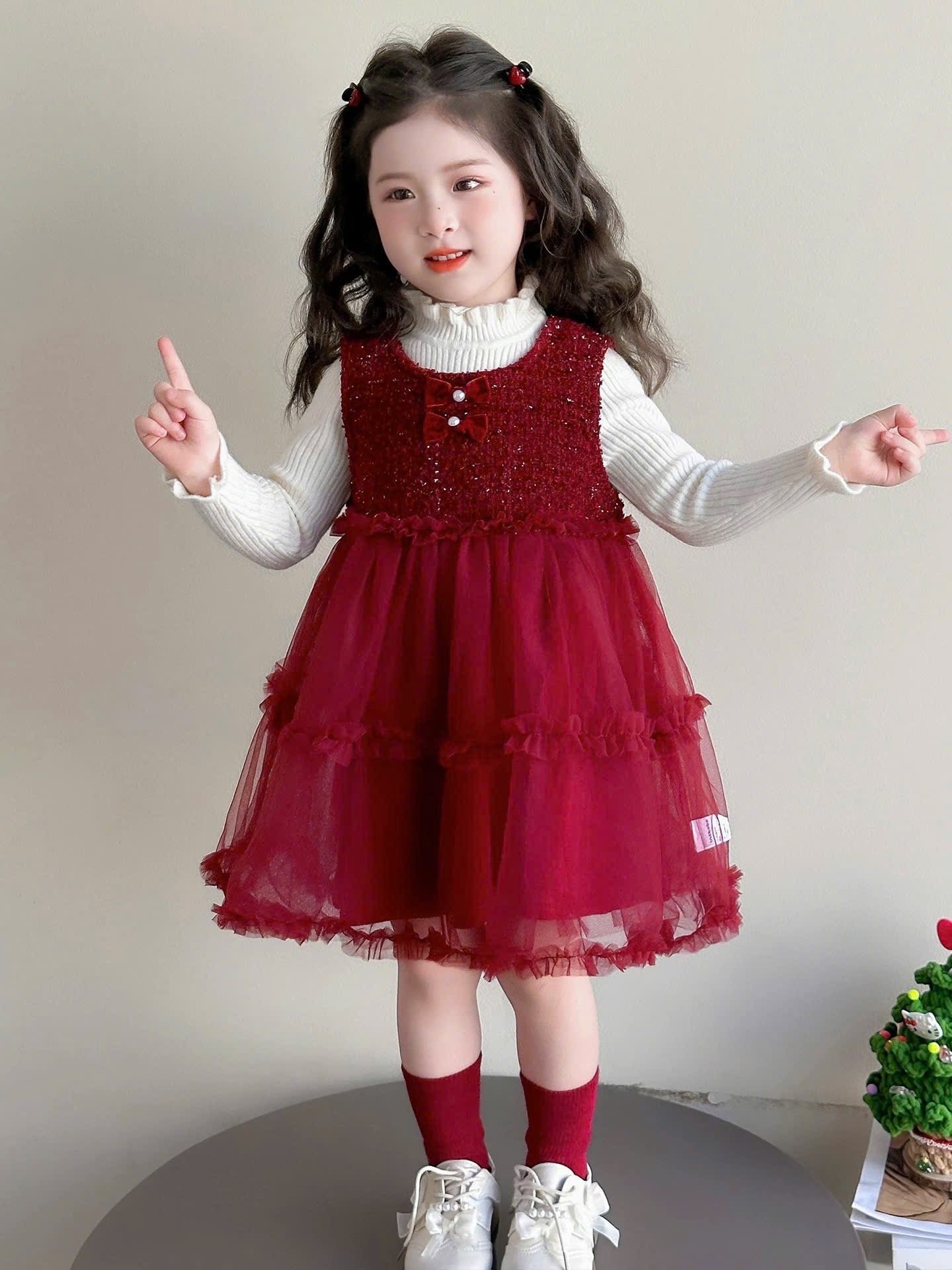 Sét váy dạ phối voan đỏ kèm áo bé gái