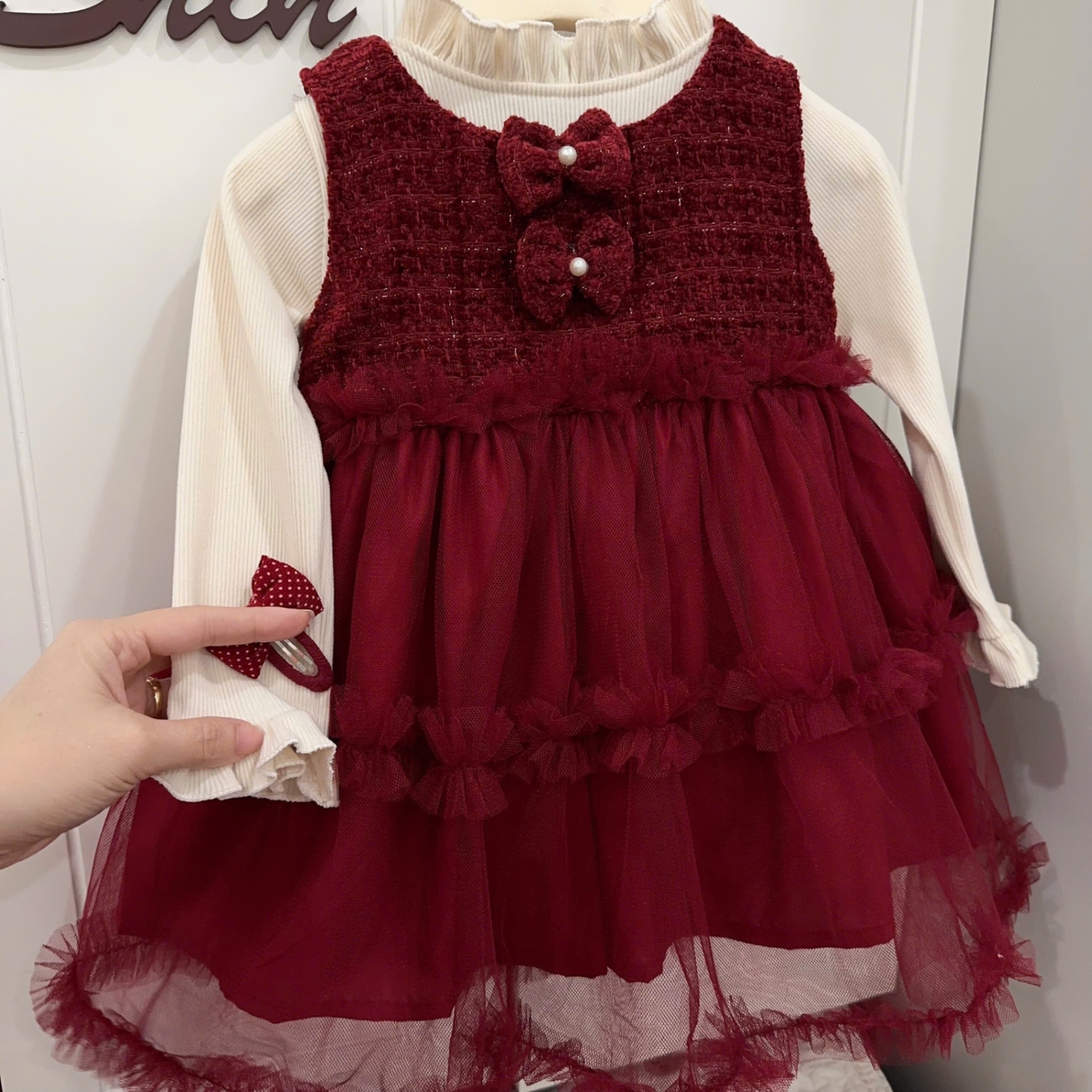 Sét váy dạ phối voan đỏ kèm áo bé gái