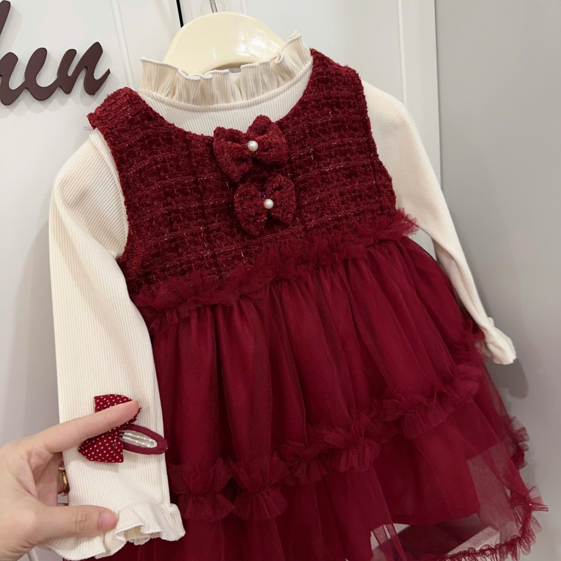 Sét váy dạ phối voan đỏ kèm áo bé gái