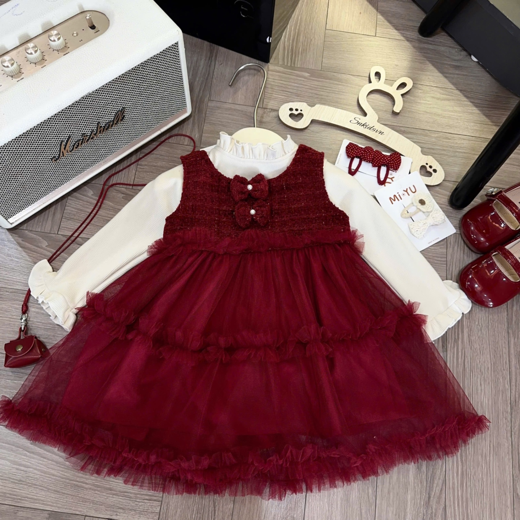 Sét váy dạ phối voan đỏ kèm áo bé gái