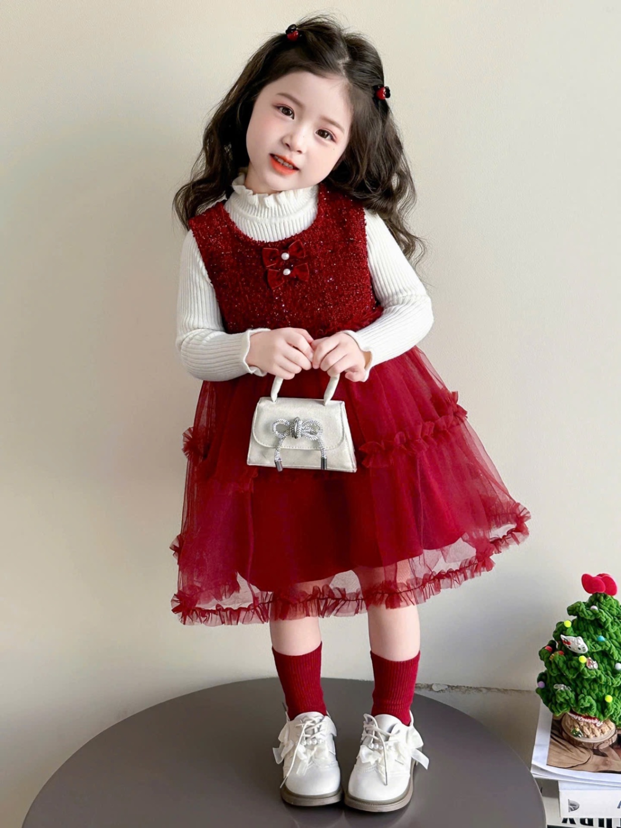 Sét váy dạ phối voan đỏ kèm áo bé gái