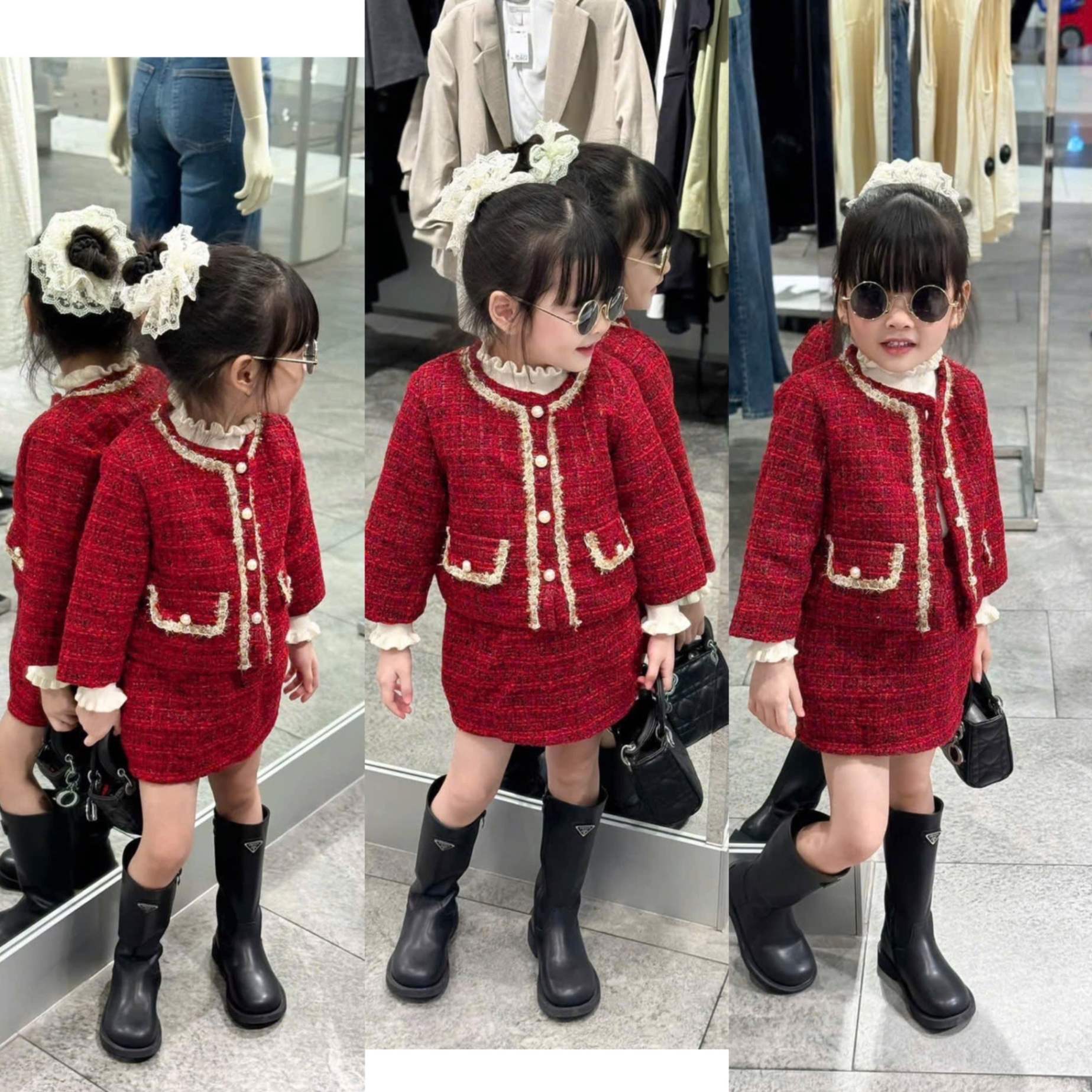 Sét váy dạ đỏ viền kem cúc ngọc bé gái