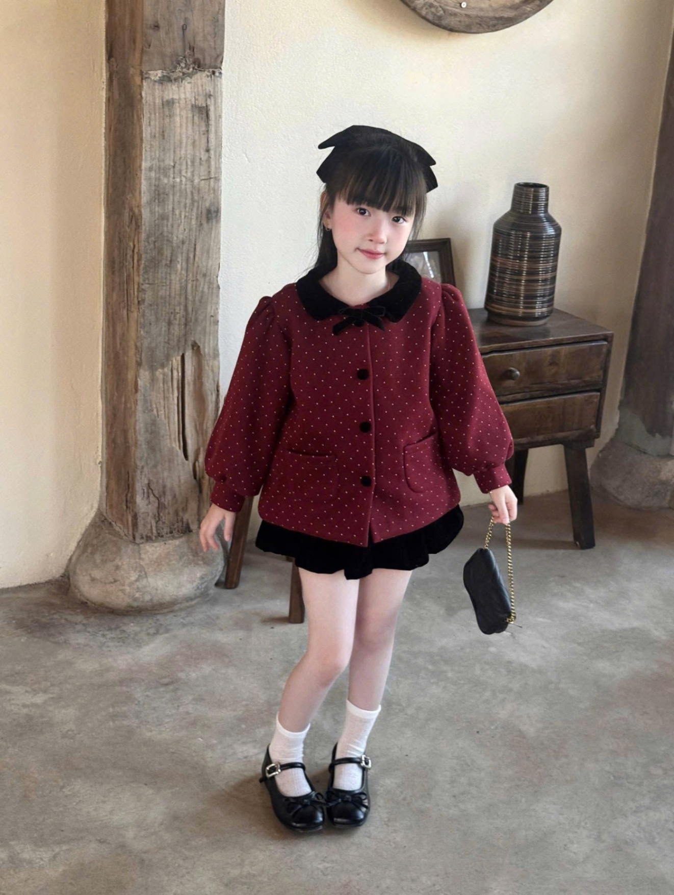 ￼sét áo dạ đỏ chấm bi cv nhung bé gái tk