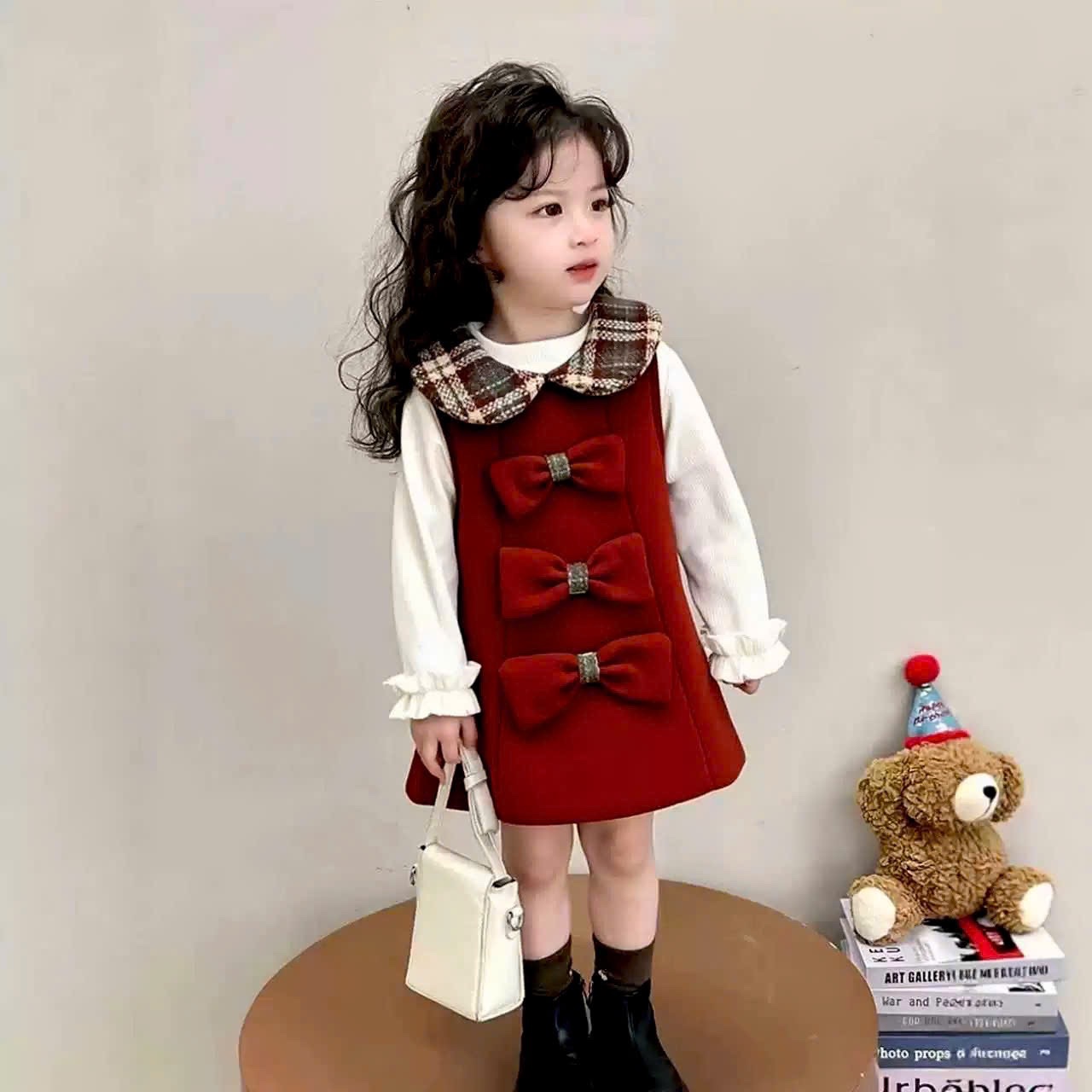 Váy dạ đỏ 3 nơ cổ tròn bé gái