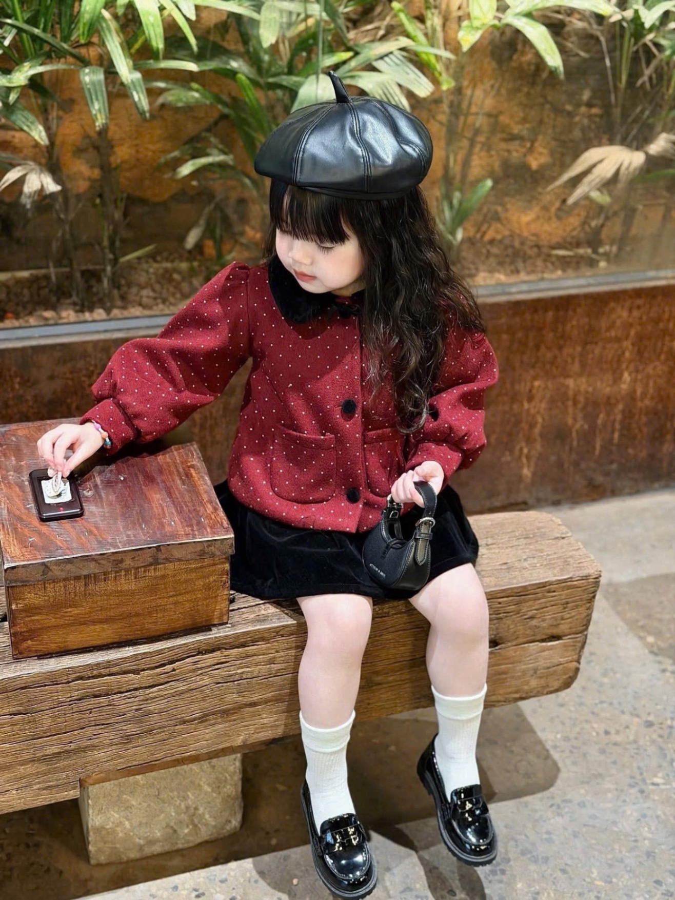 ￼sét áo dạ đỏ chấm bi cv nhung bé gái tk