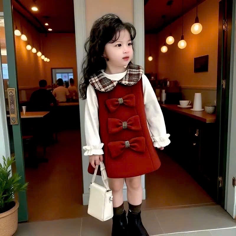 Váy dạ đỏ 3 nơ cổ tròn bé gái