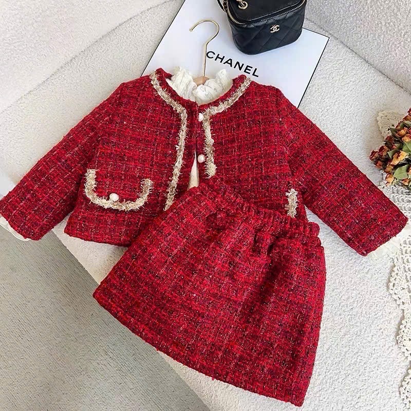 Sét váy dạ đỏ viền kem cúc ngọc bé gái