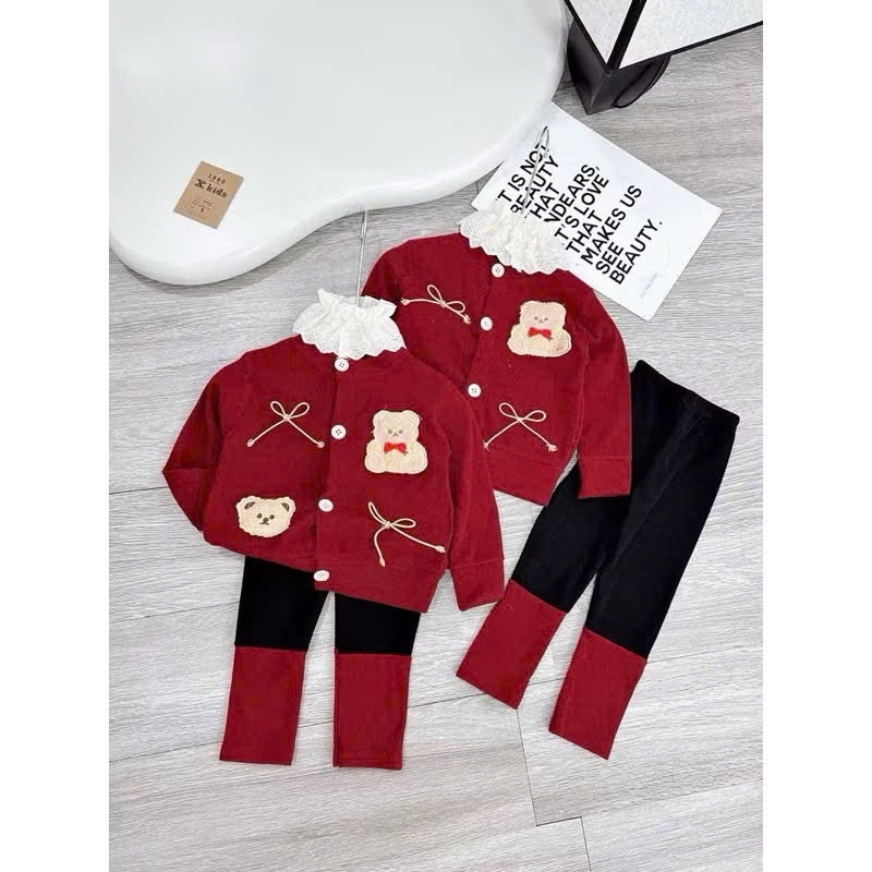 Sét bộ tăm gấu đỏ quần legging bé gái