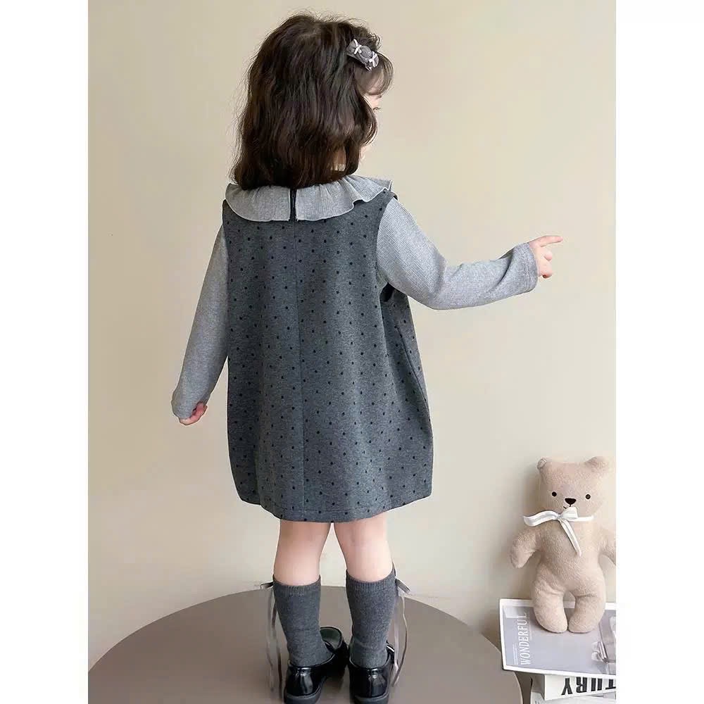 Váy dạ xám chấm bi kèm áo giữ nhiệt bé gái