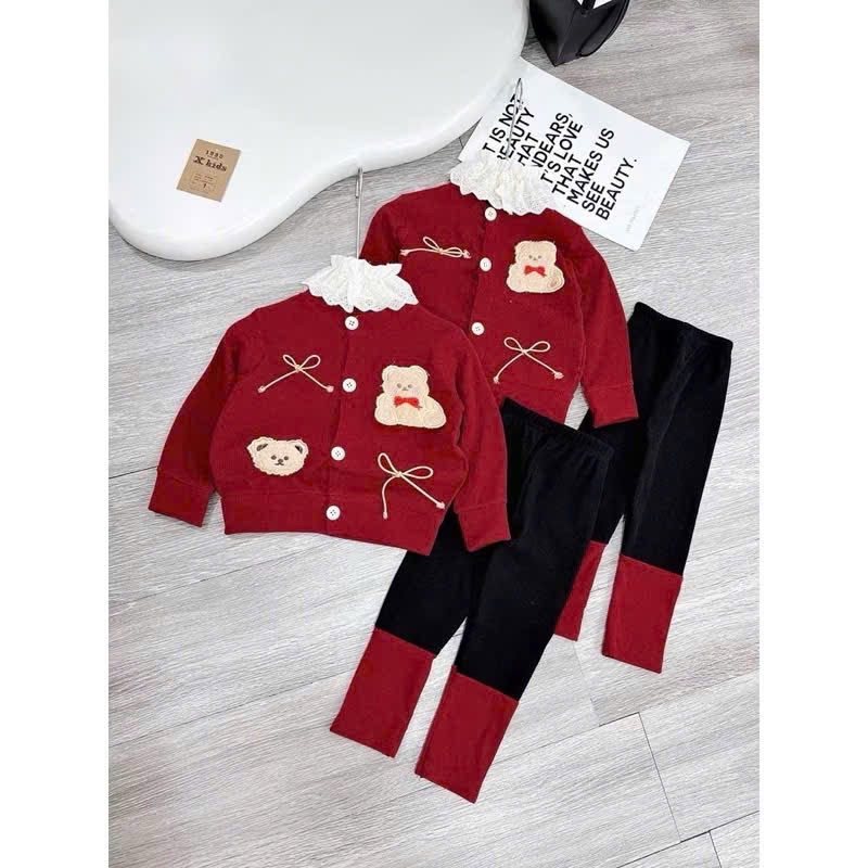 Sét bộ tăm gấu đỏ quần legging bé gái
