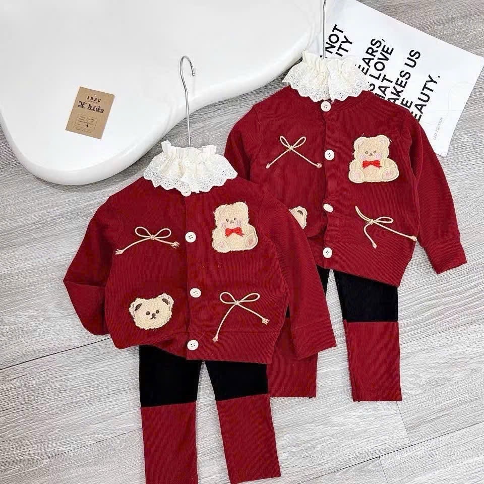 Sét bộ tăm gấu đỏ quần legging bé gái