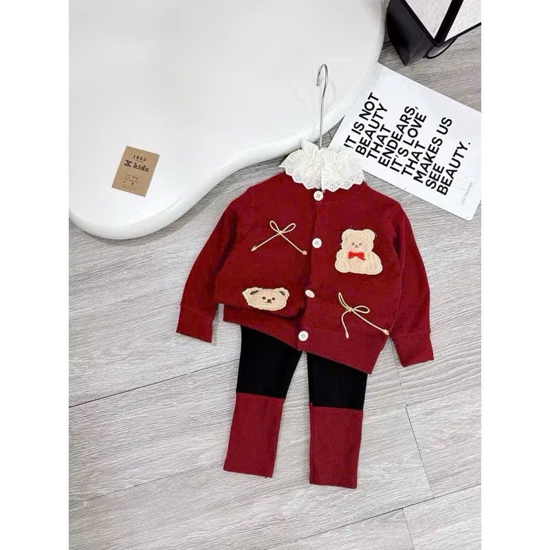Sét bộ tăm gấu đỏ quần legging bé gái