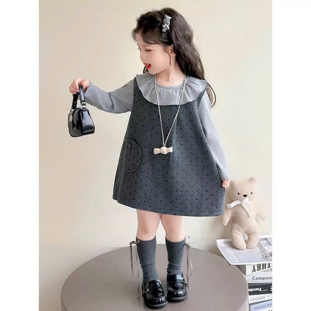 Váy dạ xám chấm bi kèm áo giữ nhiệt bé gái