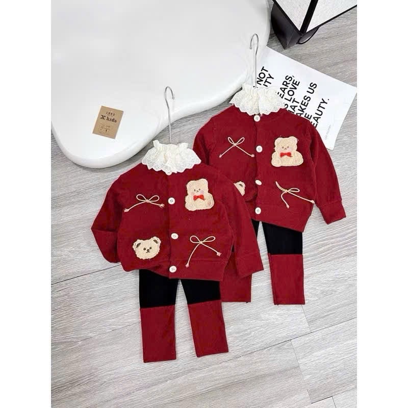 Sét bộ tăm gấu đỏ quần legging bé gái