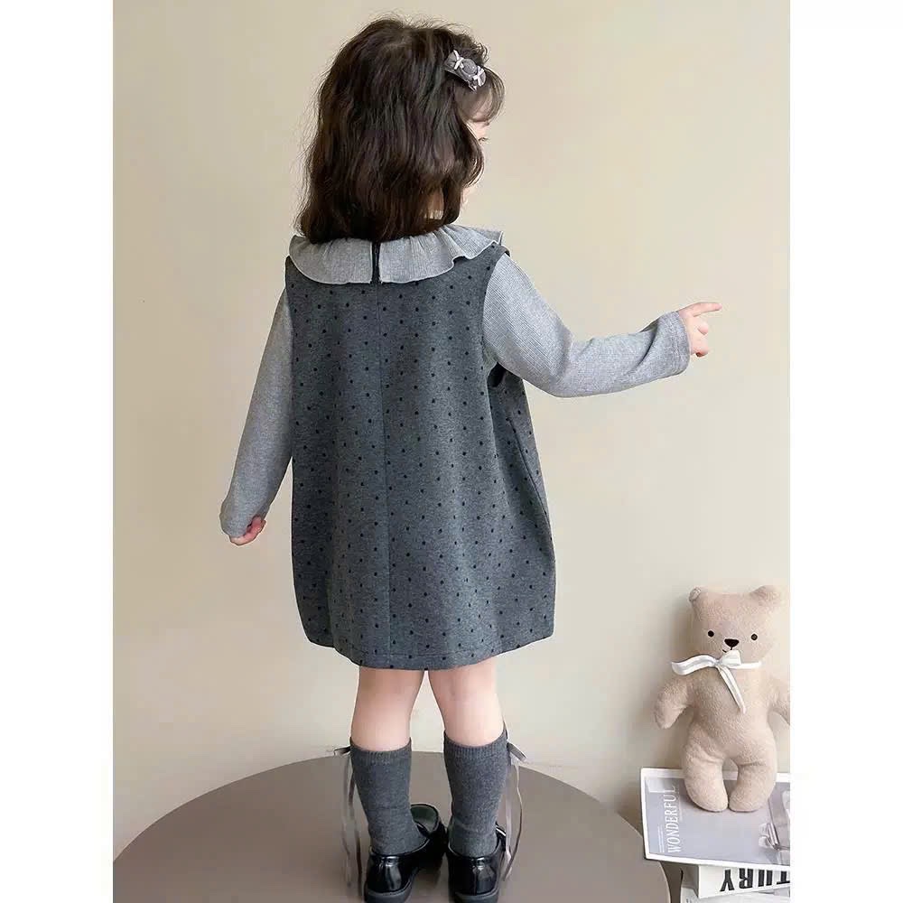 Váy dạ xám chấm bi kèm áo giữ nhiệt bé gái
