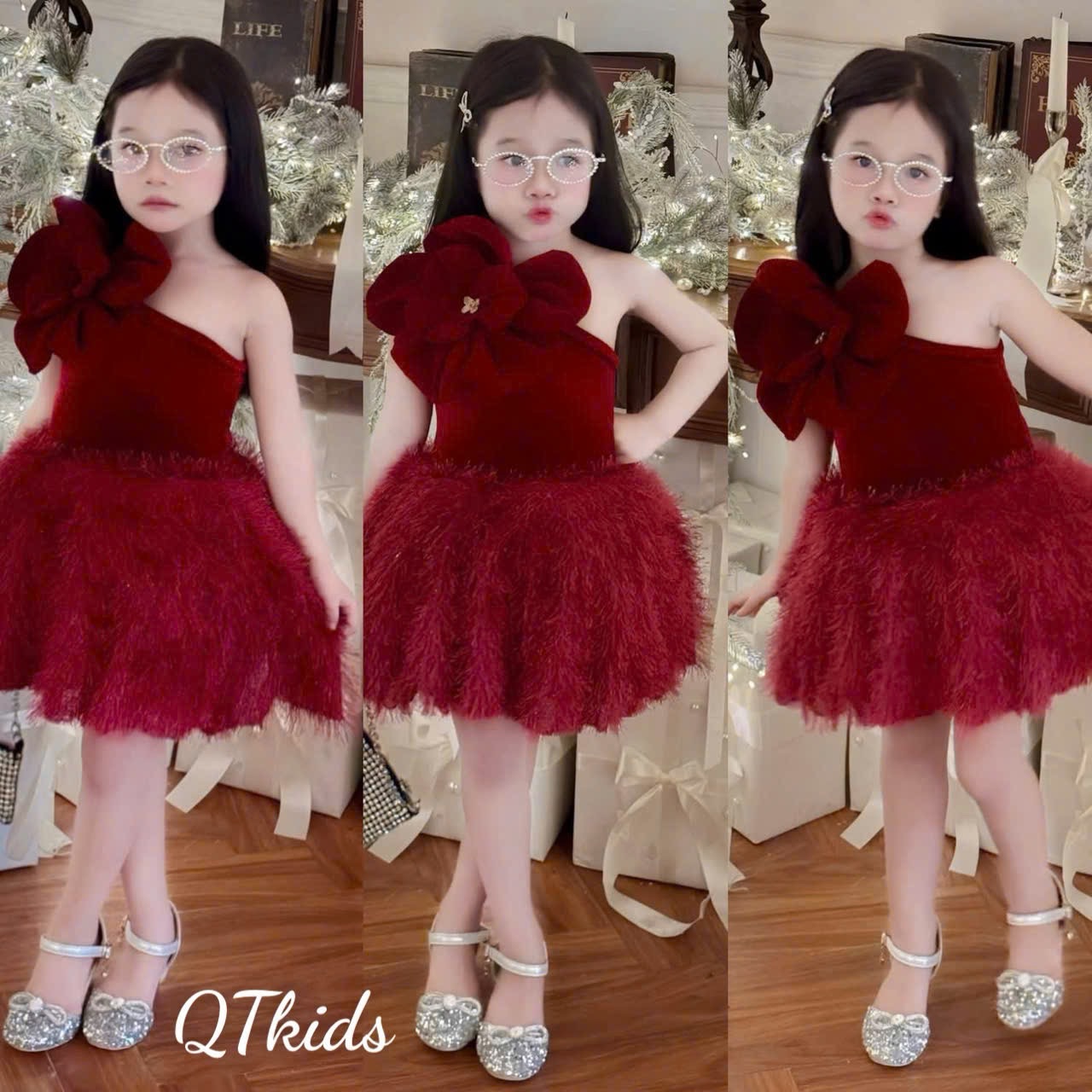 Sét váy nhung đỏ hoa to phối thân lông bé gái