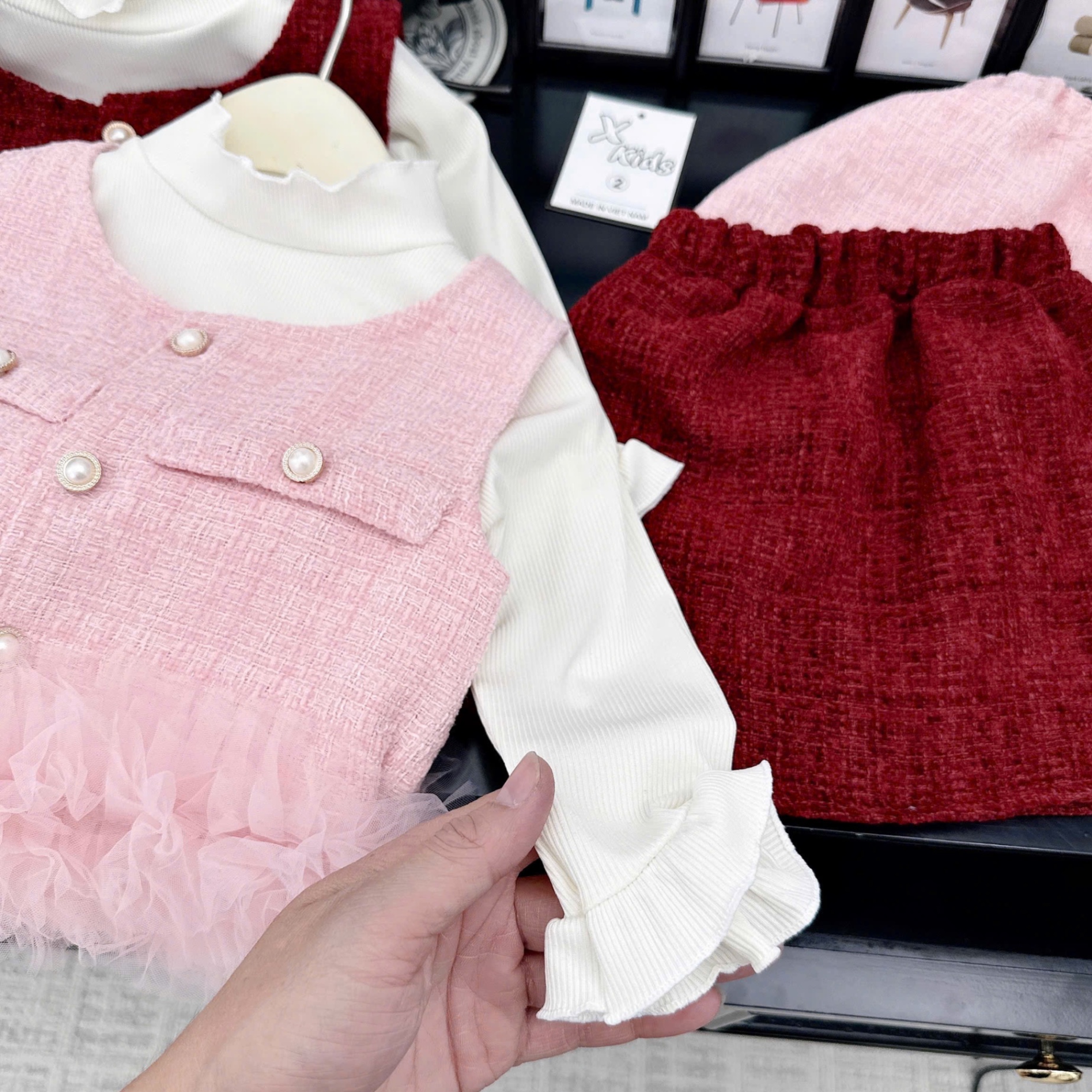 Sét dạ 3 chi tiết viền ren bé gái xk