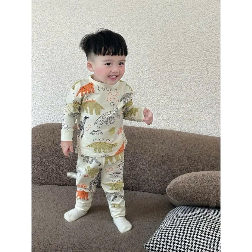 Sét 3 bộ cotton dài tay khủng long cho bé