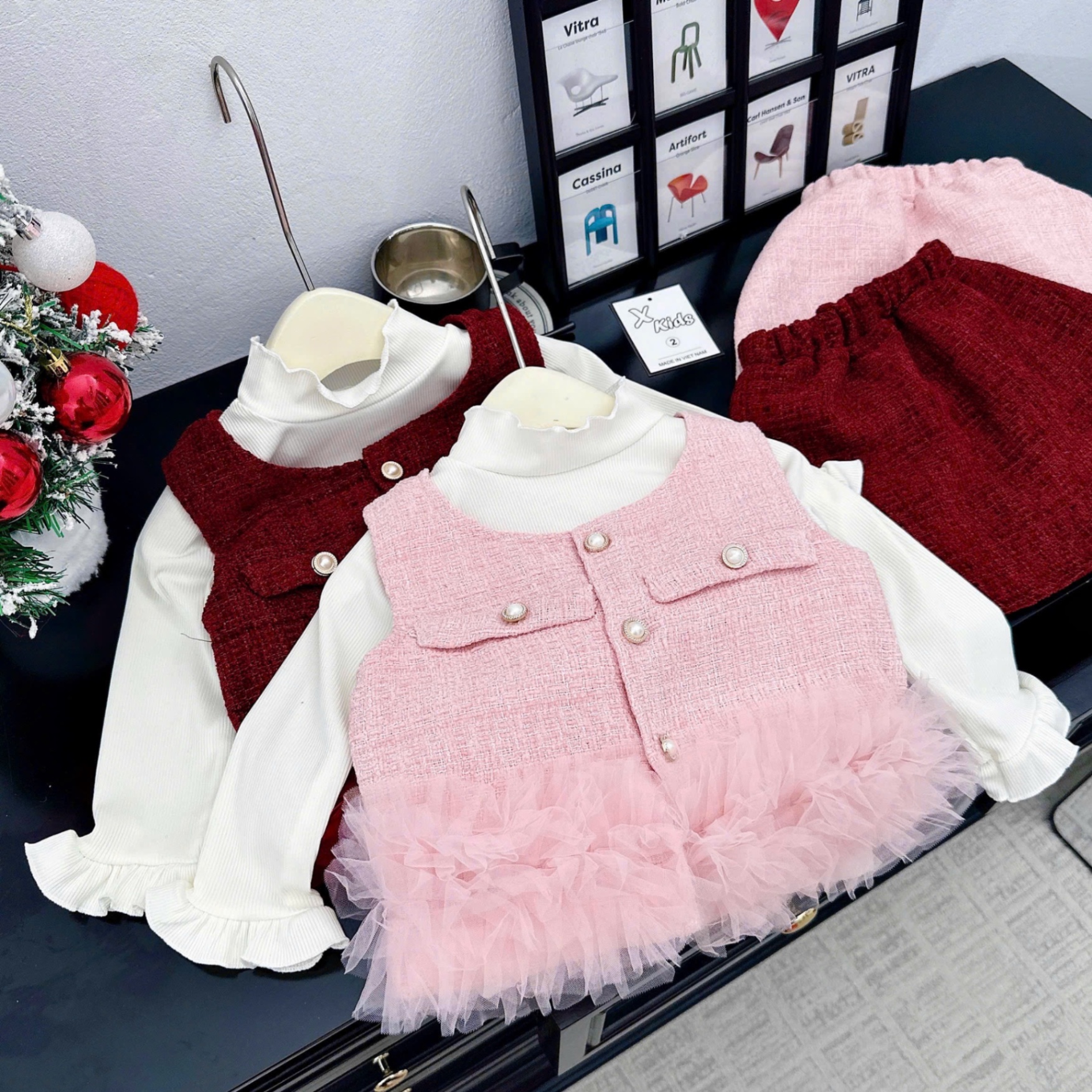 Sét dạ 3 chi tiết viền ren bé gái xk