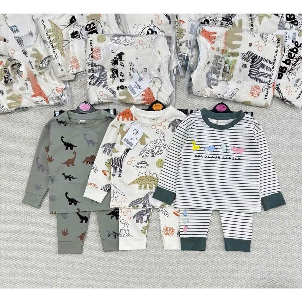 Sét 3 bộ cotton dài tay khủng long cho bé