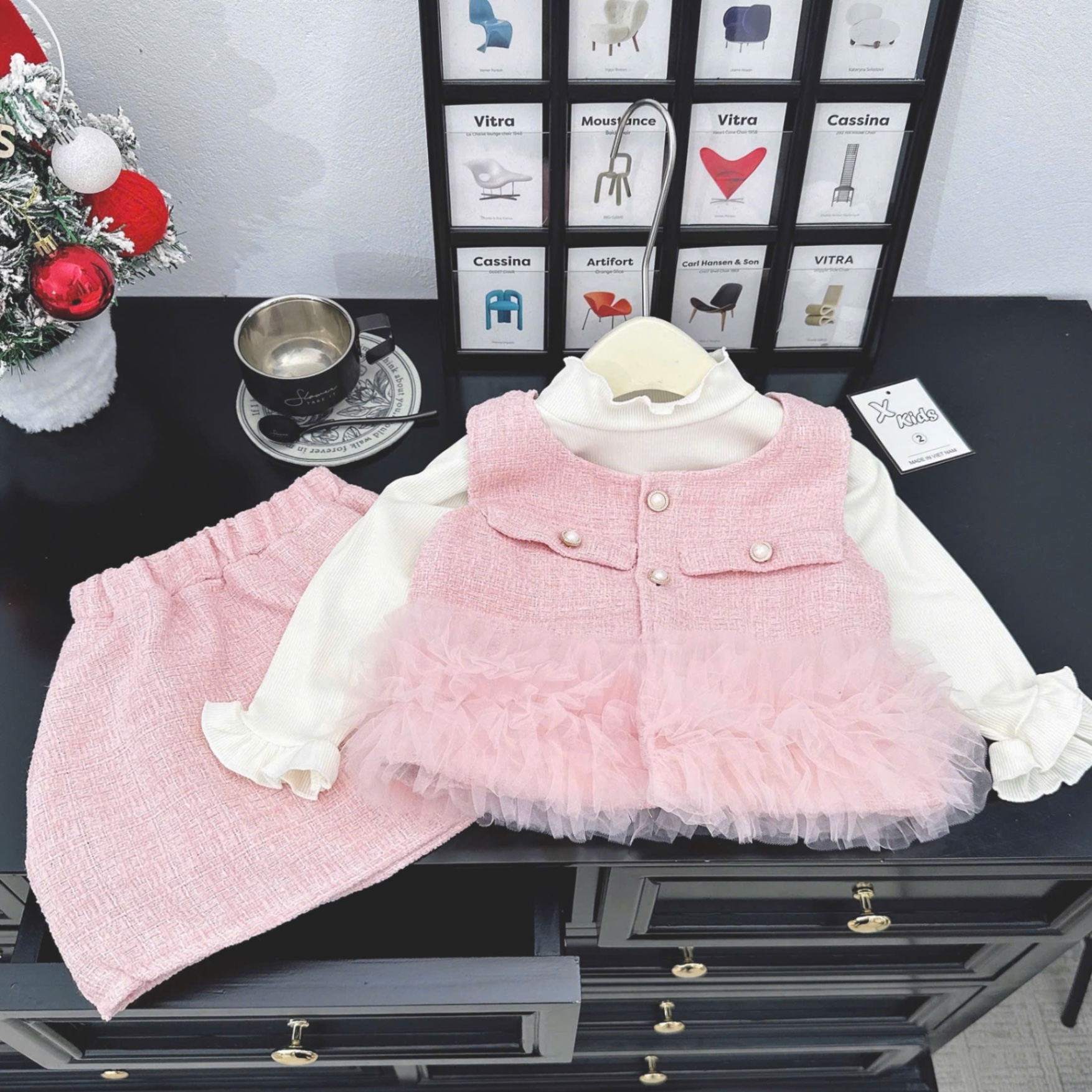 Sét dạ 3 chi tiết viền ren bé gái xk