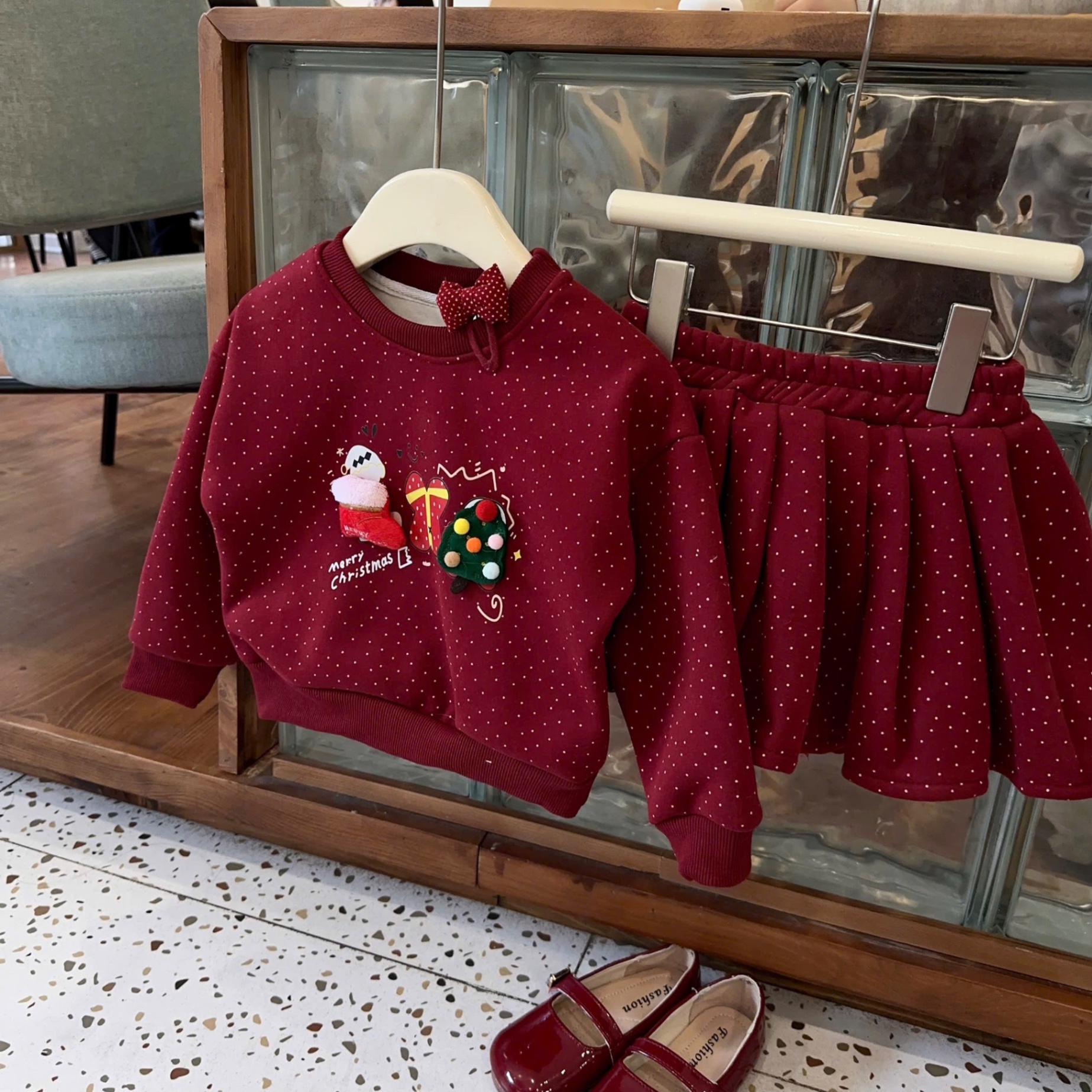 Sét bộ nỉ lót lông nhung mịn noel đỏ cv dập ly bé gái