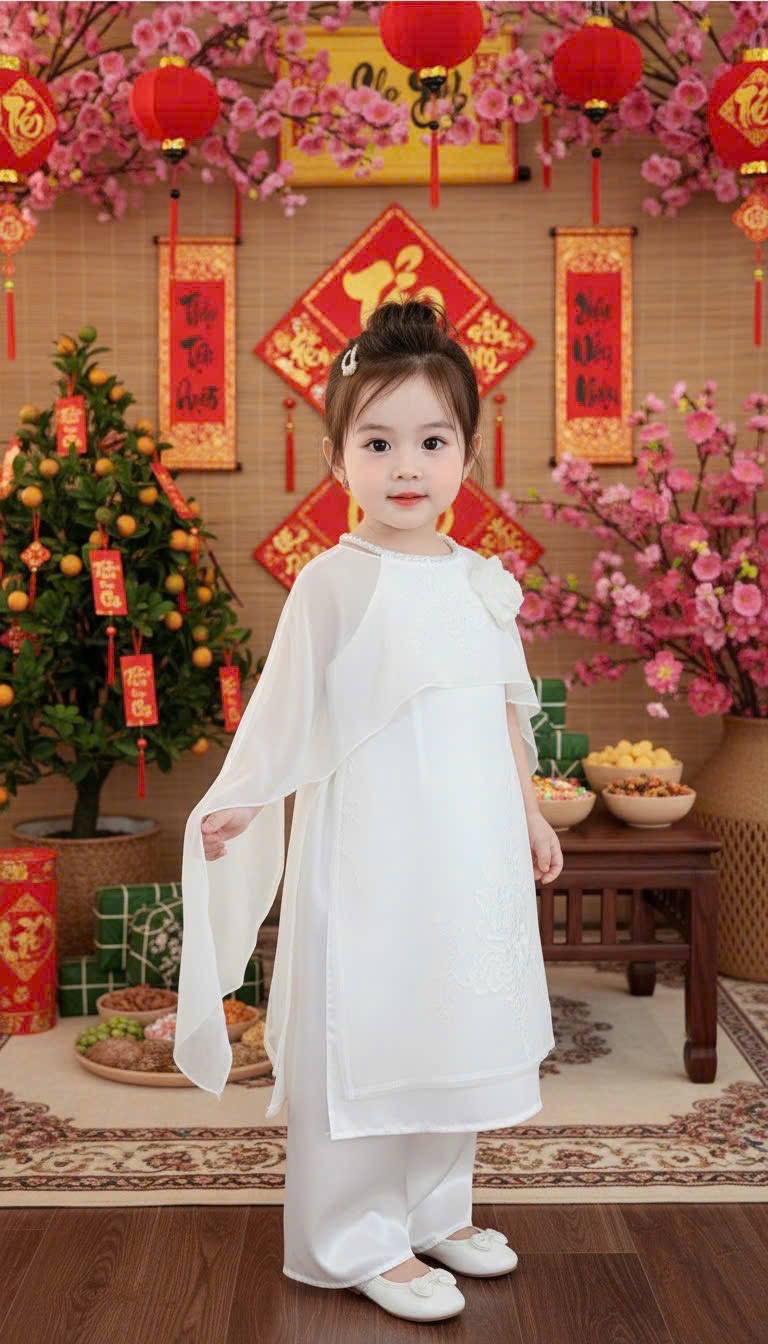 áo dài cổ yếm khăn voan choàng bé gái