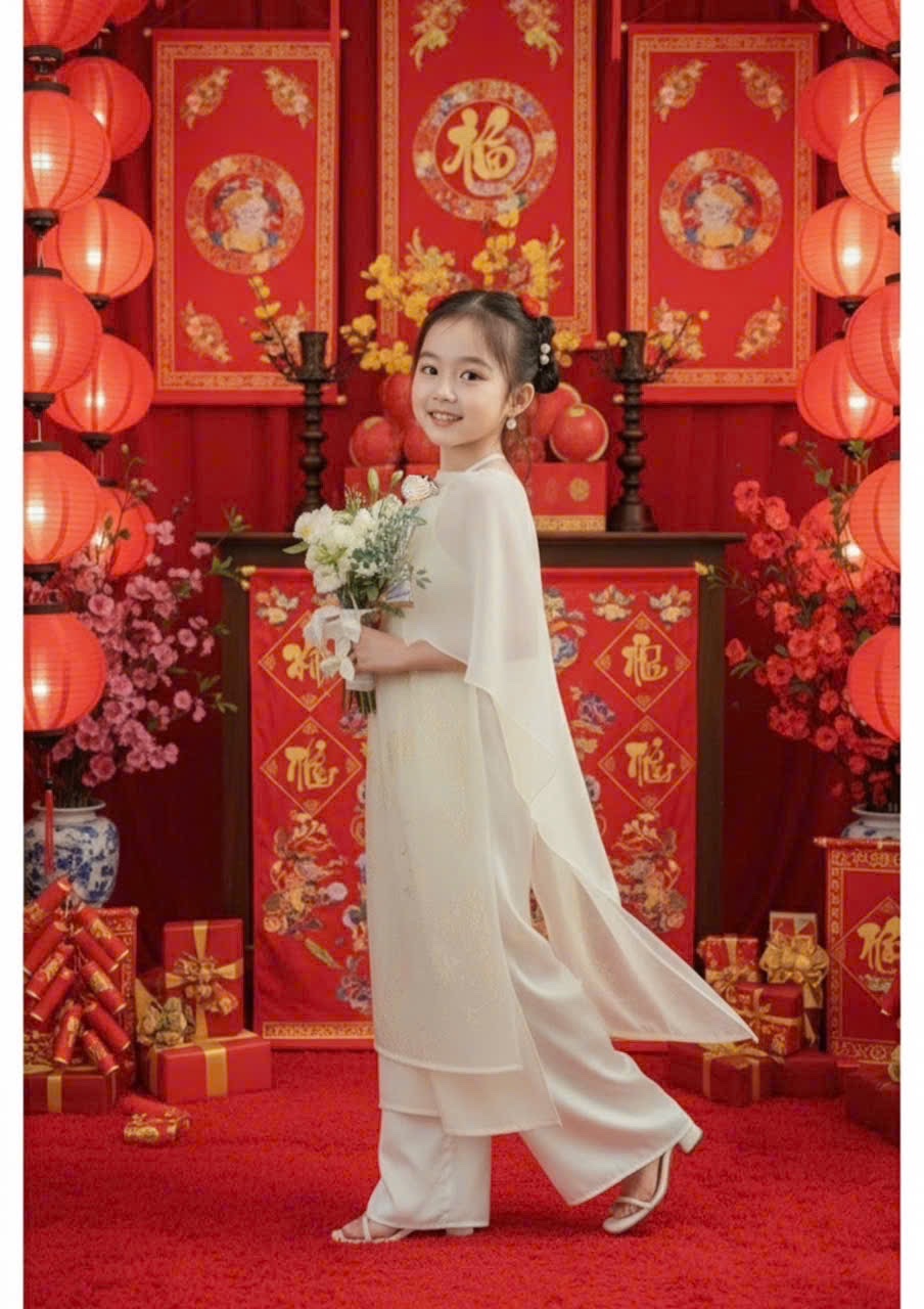 áo dài cổ yếm khăn voan choàng bé gái