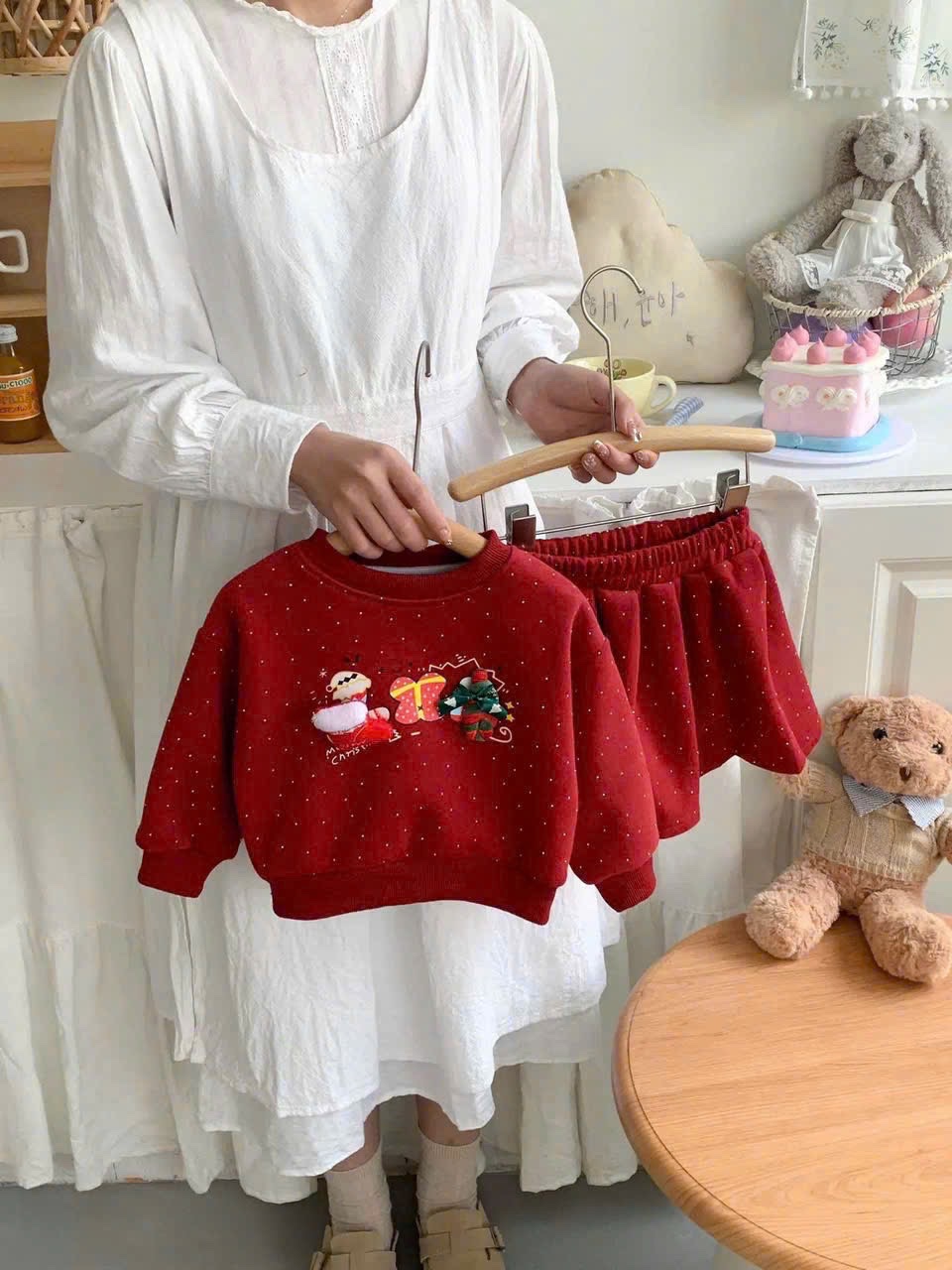 Sét bộ nỉ lót lông nhung mịn noel đỏ cv dập ly bé gái