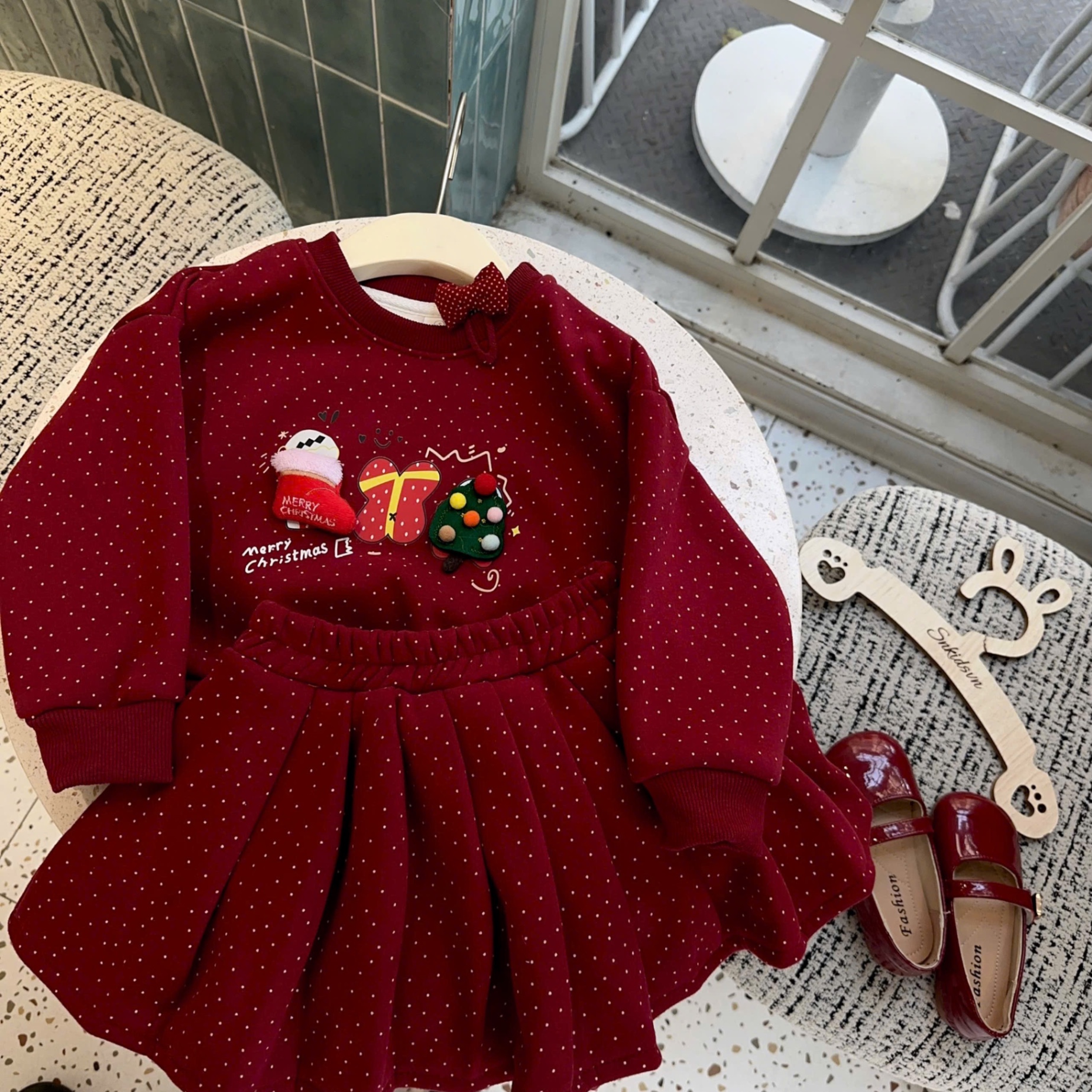 Sét bộ nỉ lót lông nhung mịn noel đỏ cv dập ly bé gái