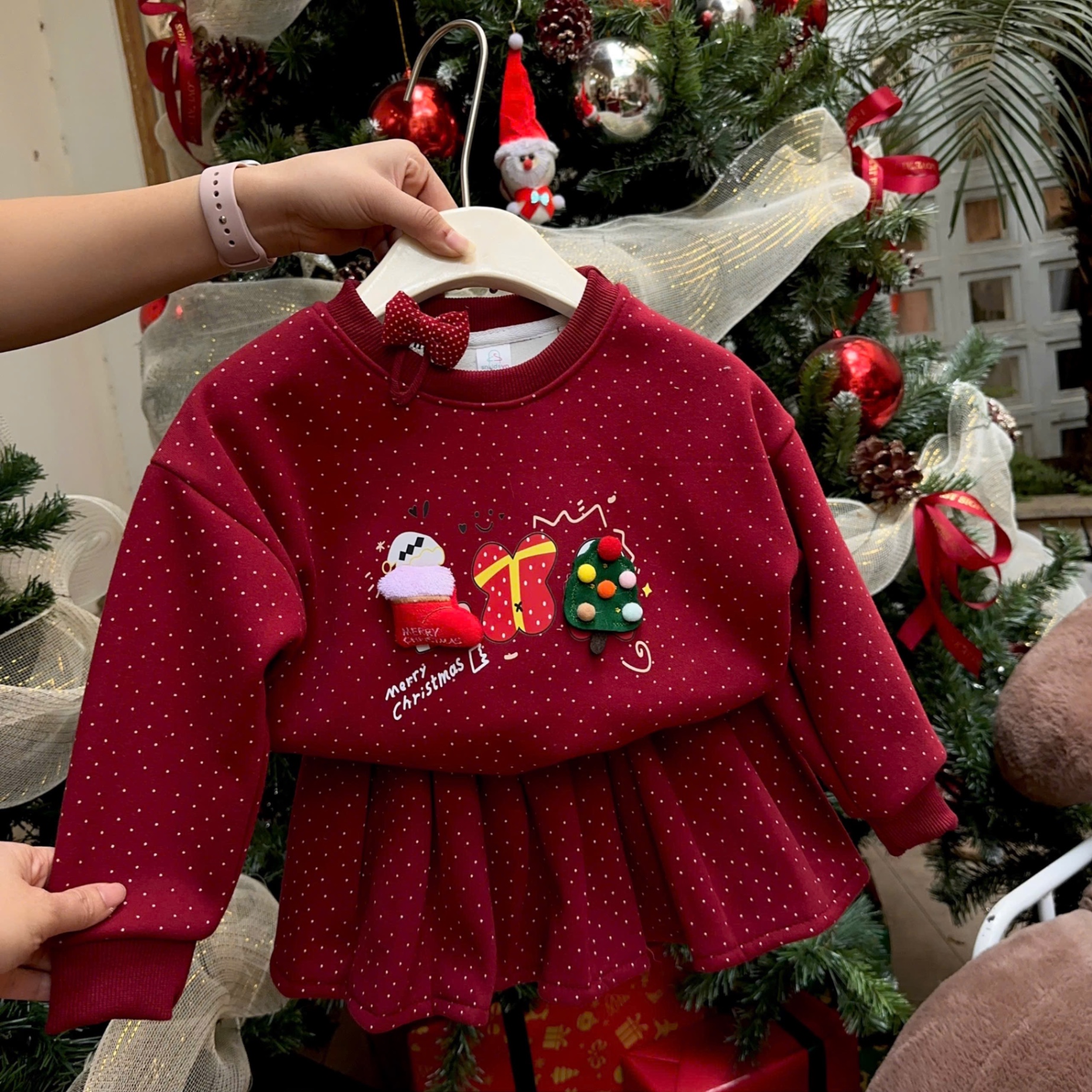 Sét bộ nỉ lót lông nhung mịn noel đỏ cv dập ly bé gái