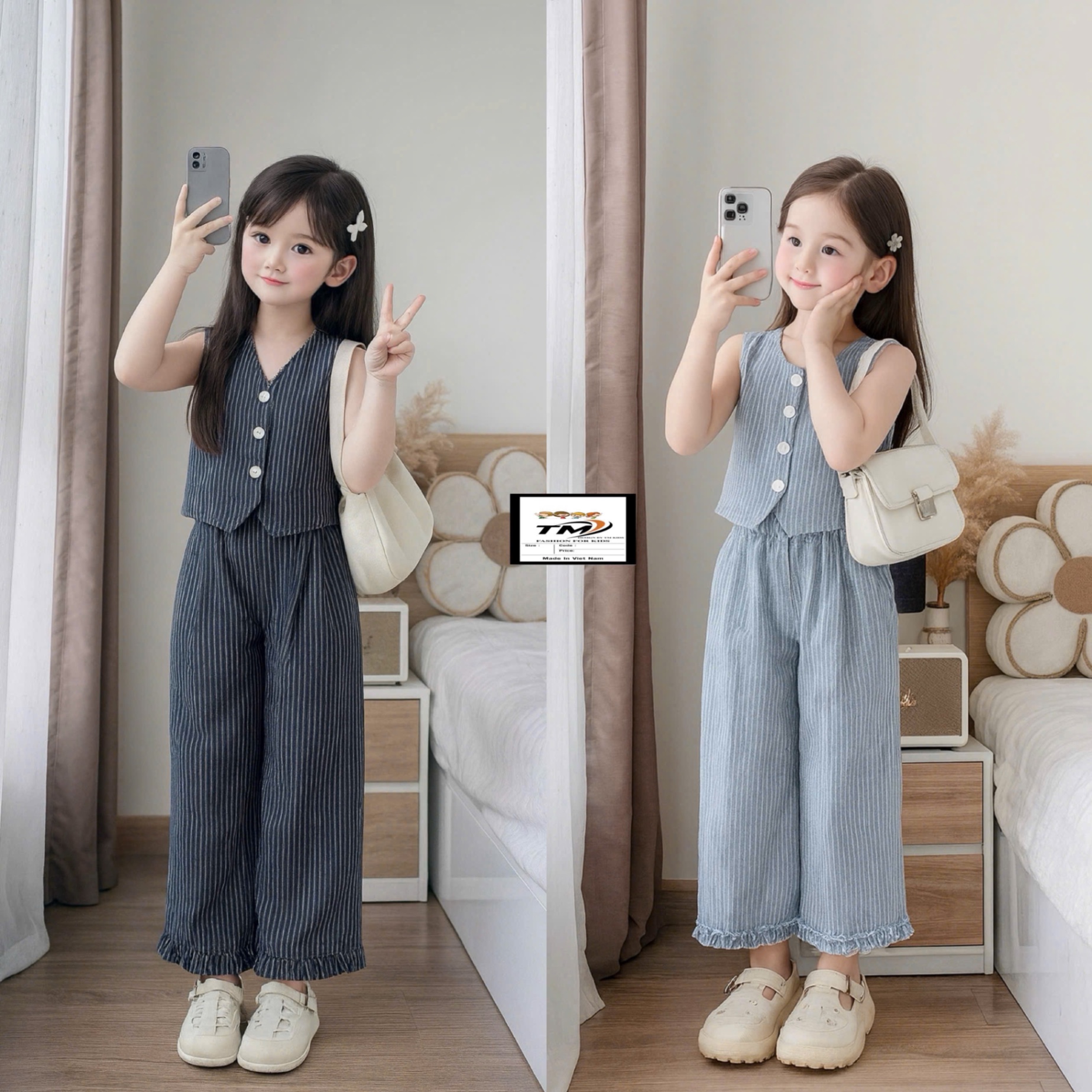 Sét bộ áo gile quần xuông kẻ bé gái