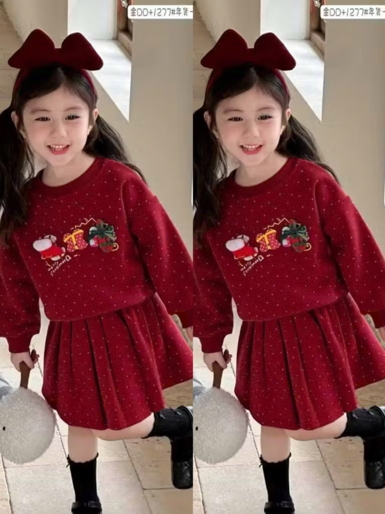 Sét bộ nỉ lót lông nhung mịn noel đỏ cv dập ly bé gái