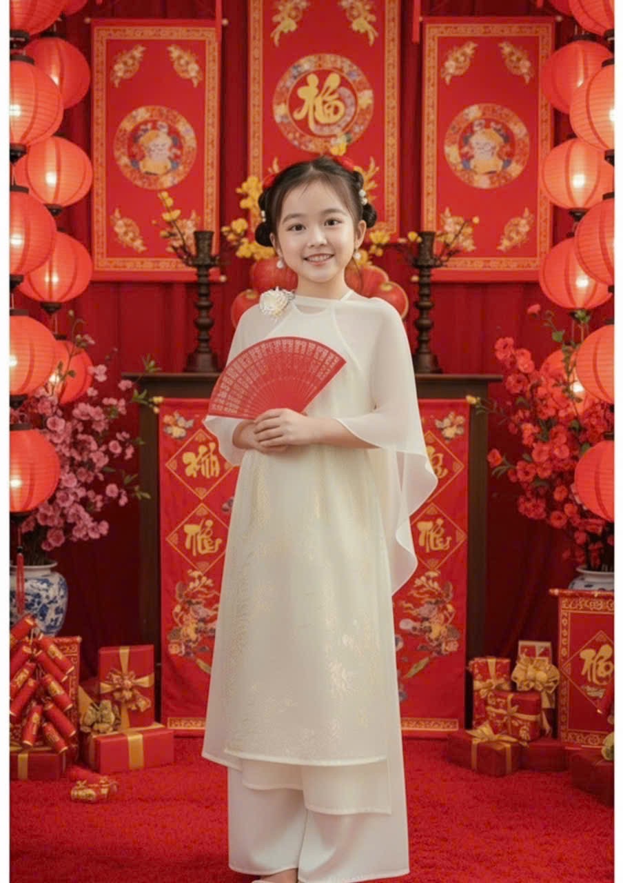 áo dài cổ yếm khăn voan choàng bé gái