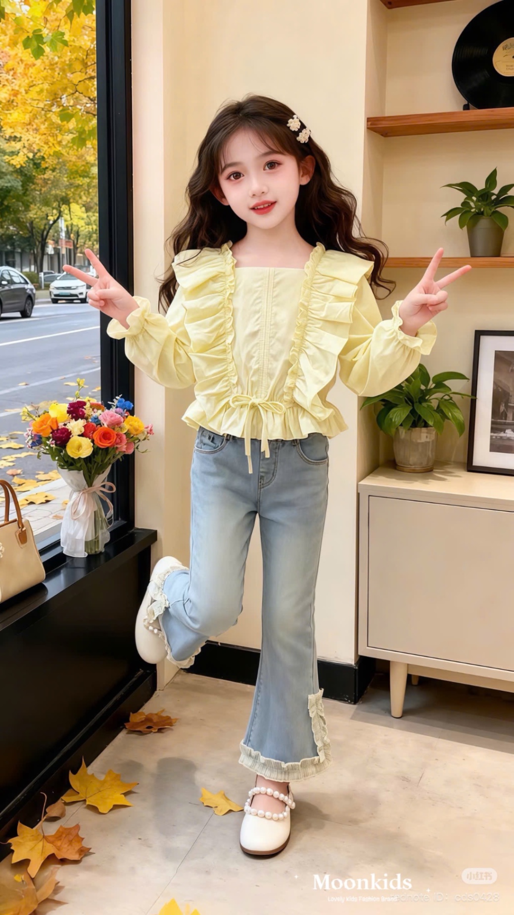 Sét áo bèo vàng quàn bò gấu ren bé gái