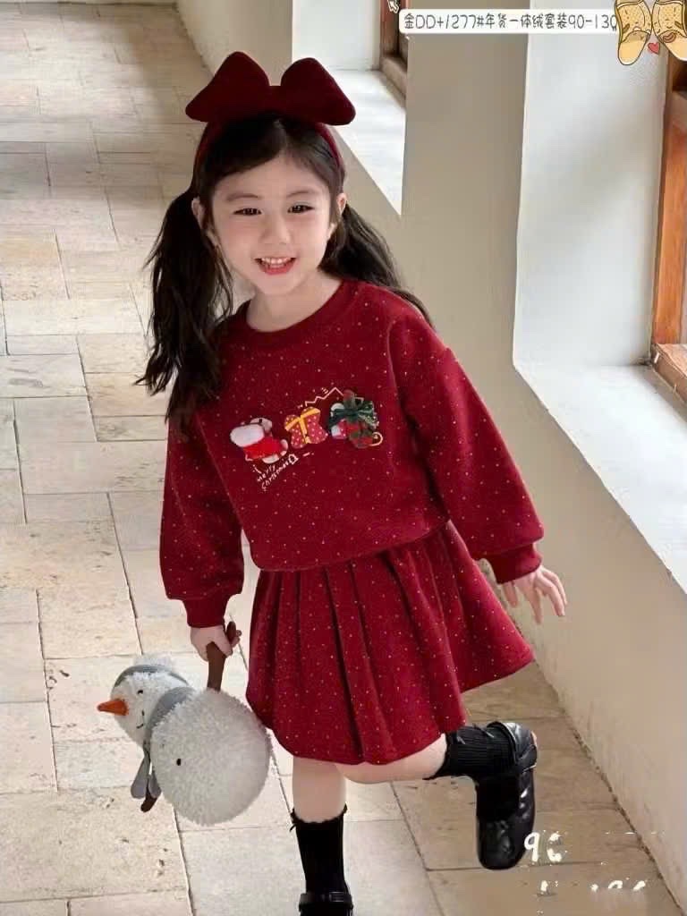 Sét bộ nỉ lót lông nhung mịn noel đỏ cv dập ly bé gái