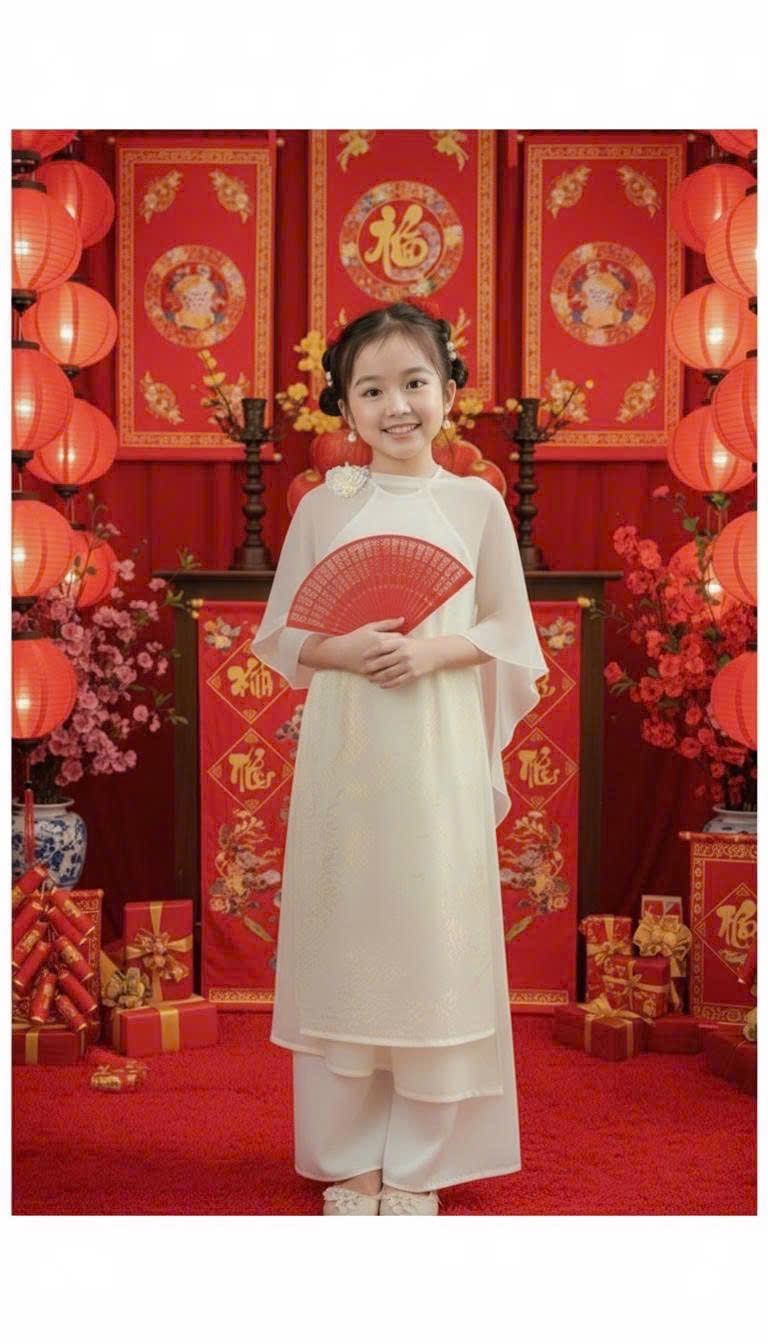 áo dài cổ yếm khăn voan choàng bé gái