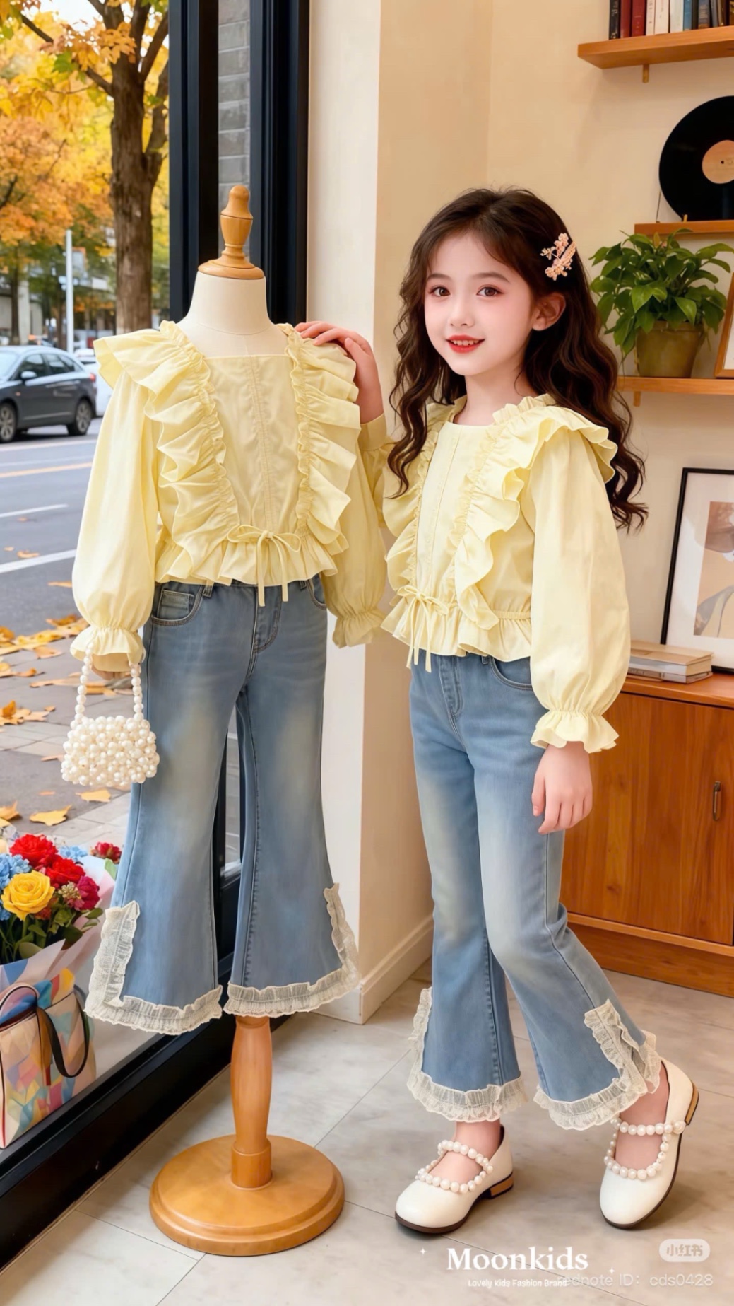 Sét áo bèo vàng quàn bò gấu ren bé gái