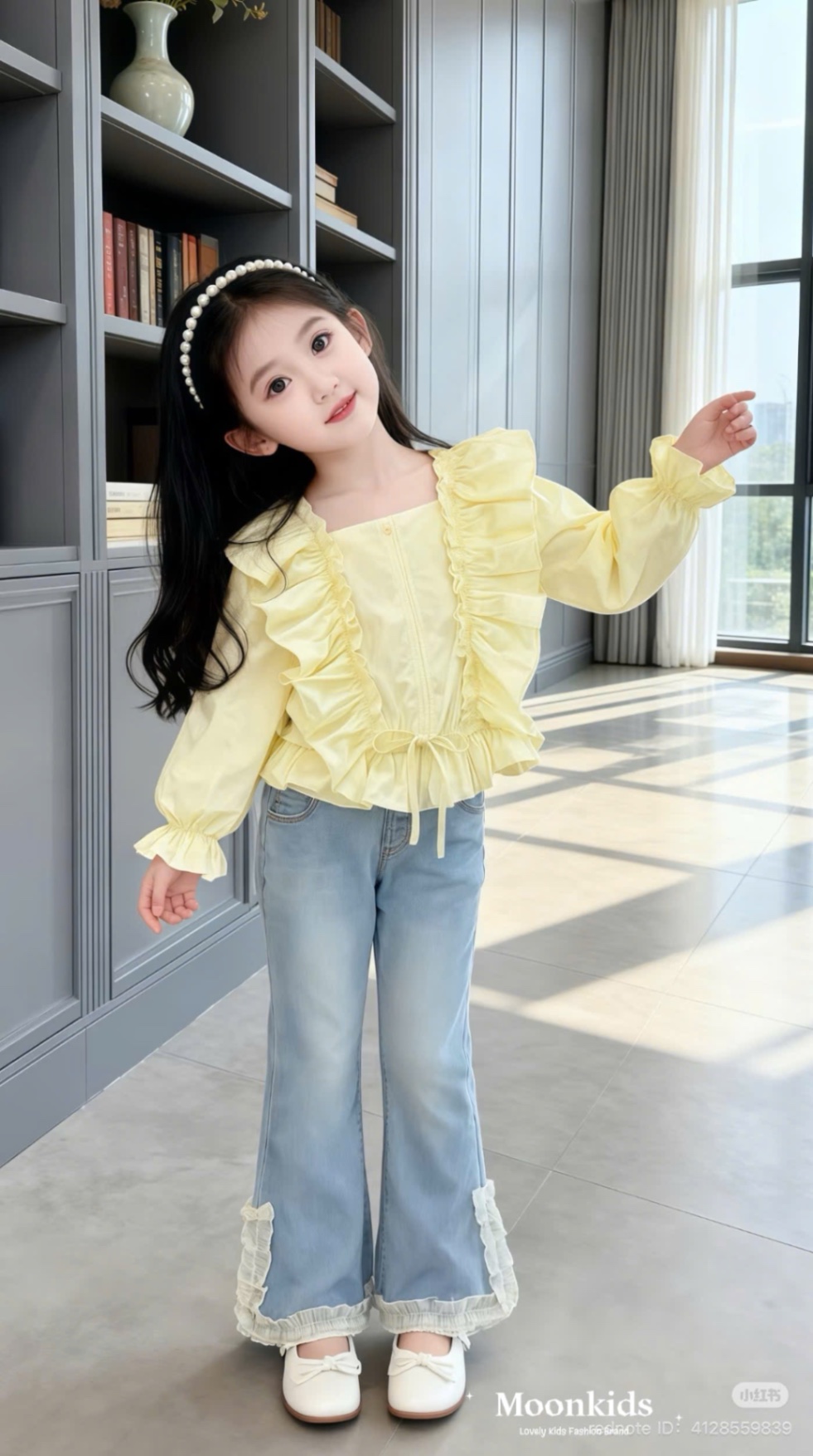 Sét áo bèo vàng quàn bò gấu ren bé gái