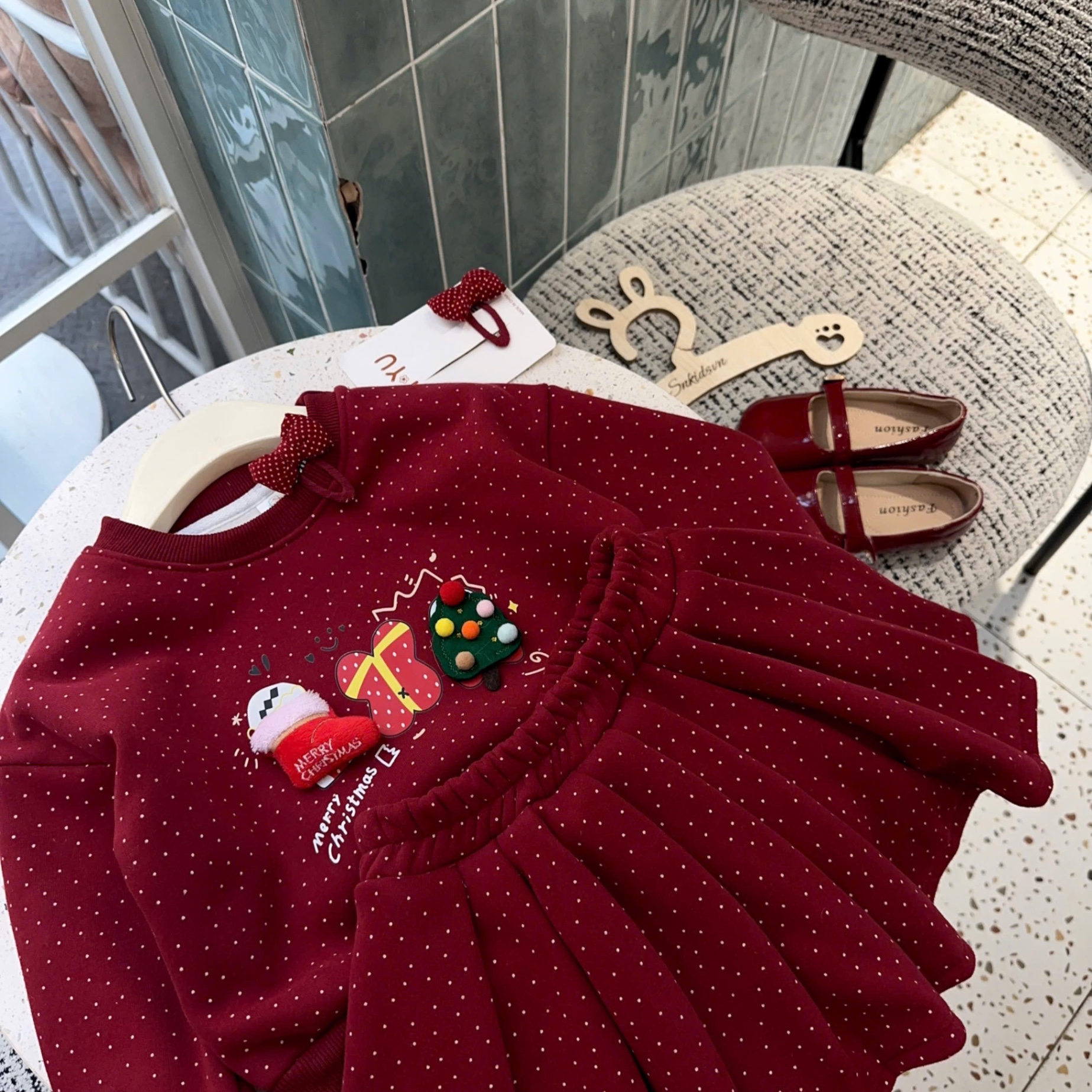 Sét bộ nỉ lót lông nhung mịn noel đỏ cv dập ly bé gái