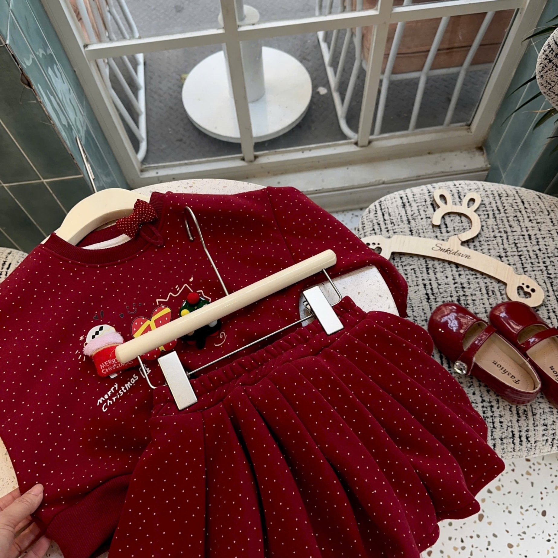 Sét bộ nỉ lót lông nhung mịn noel đỏ cv dập ly bé gái