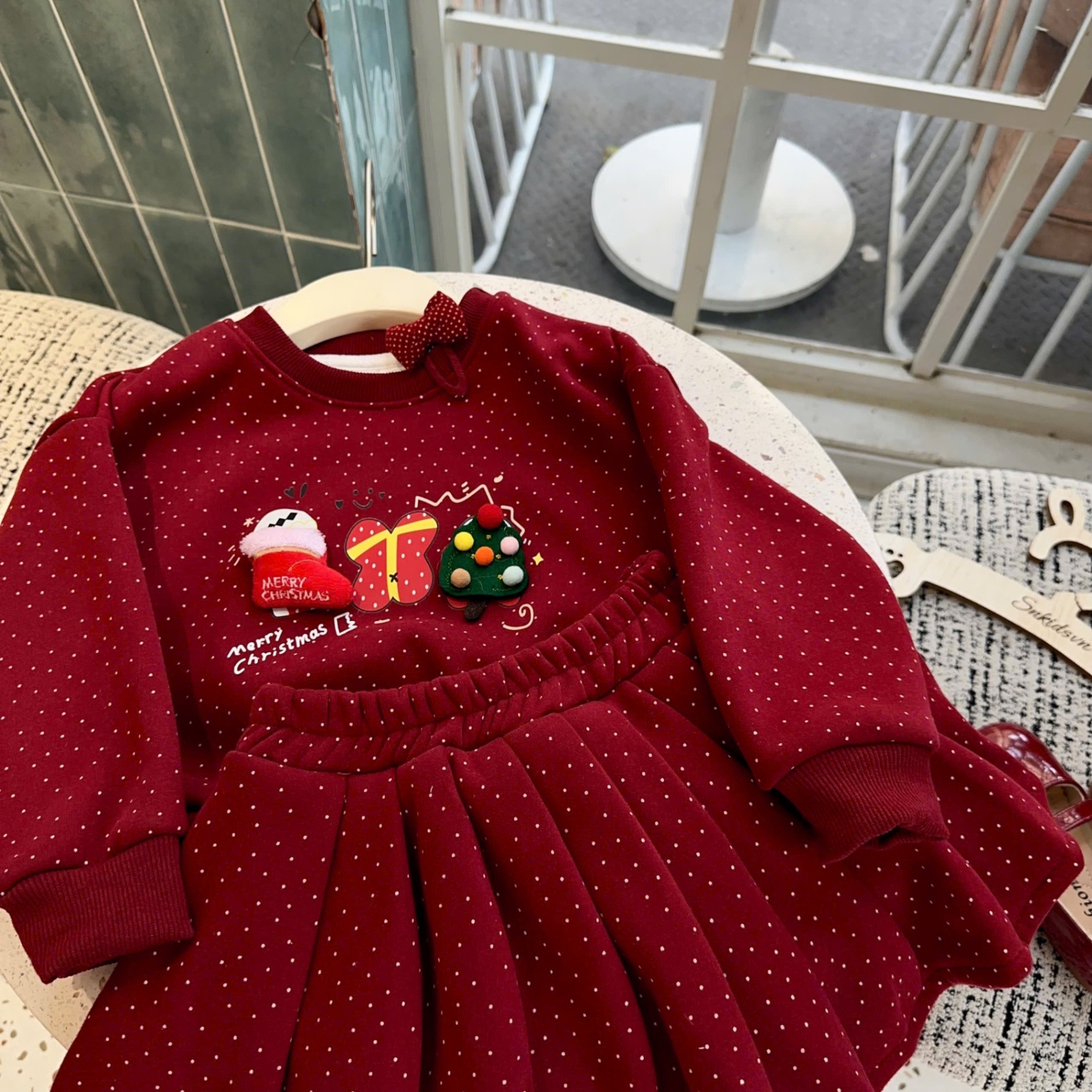 Sét bộ nỉ lót lông nhung mịn noel đỏ cv dập ly bé gái