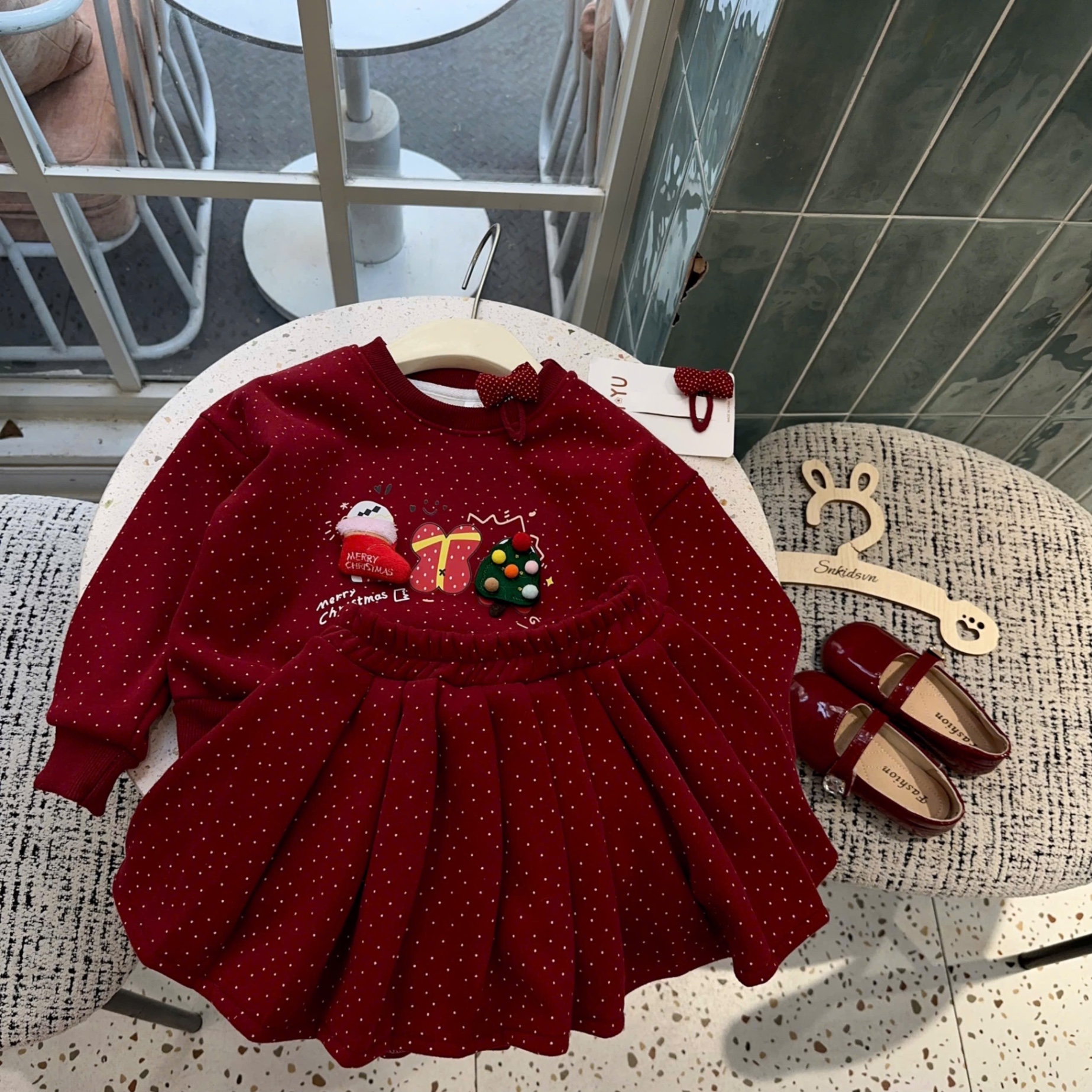 Sét bộ nỉ lót lông nhung mịn noel đỏ cv dập ly bé gái