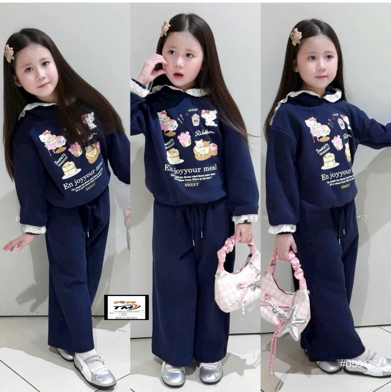 Sét bộ nỉ mũ vien ren quần xuông bé gái